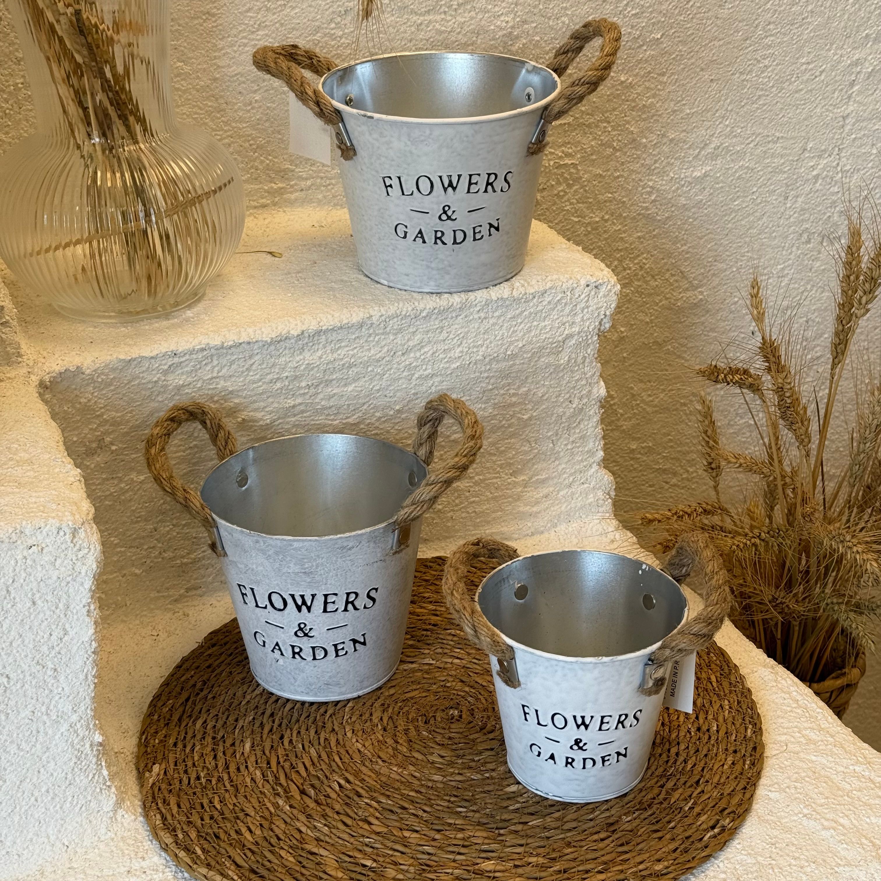 Flowers 3 Boy Metal Hasır İpli Saksı Gri 