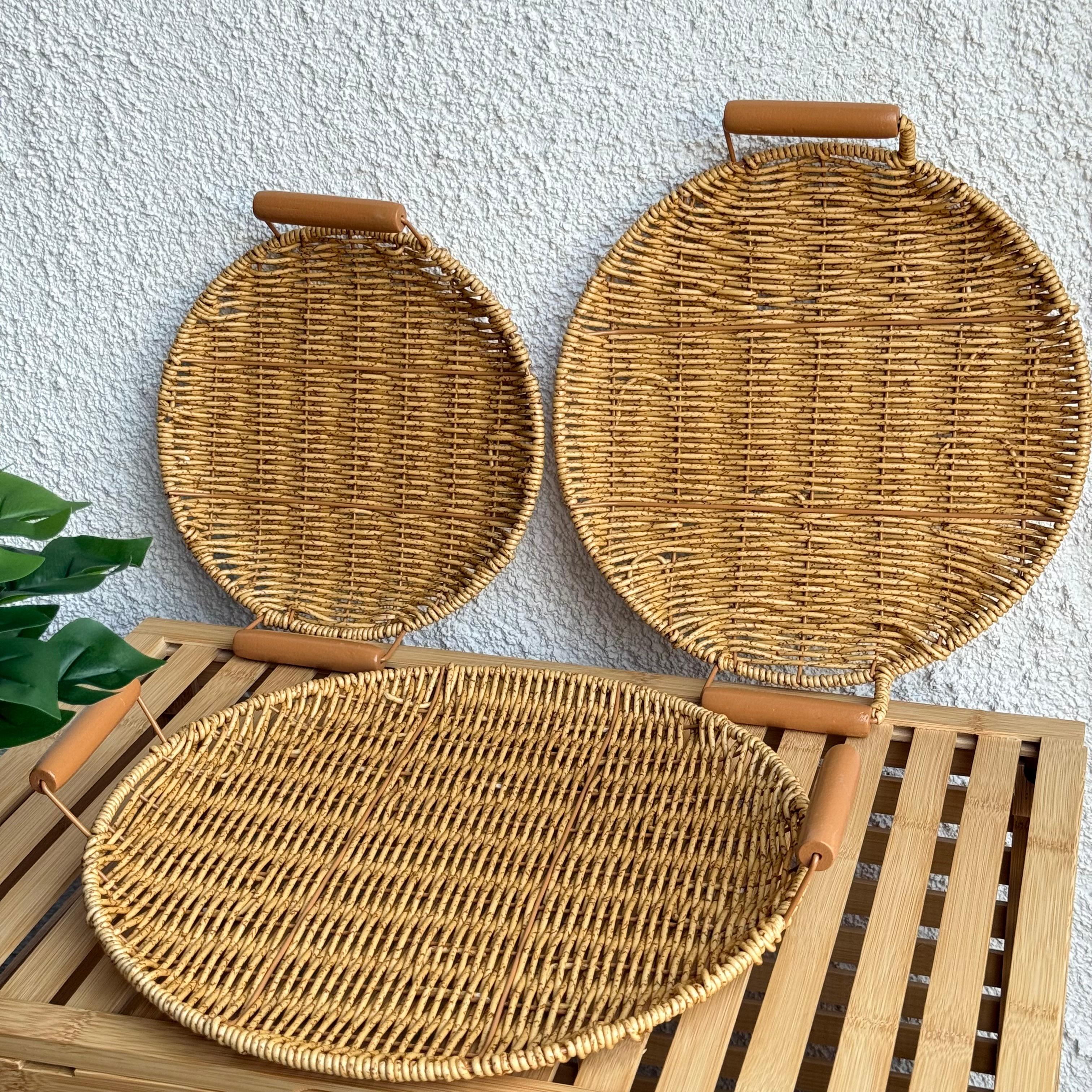 Rattan Kulplu 3 Boy Yuvarlak Tepsi Seti Naturel 