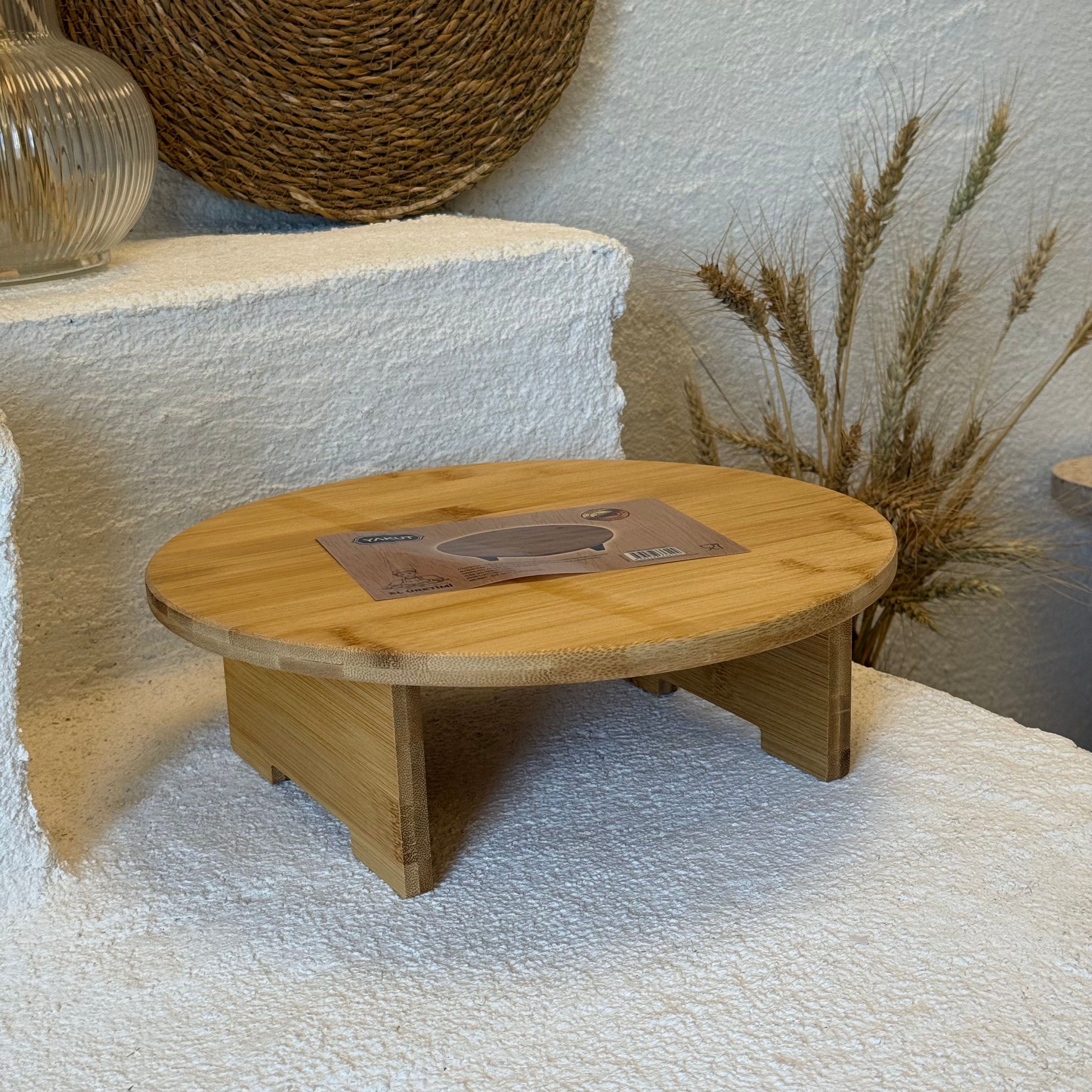 Yakut Yuvarlak Ayaklı Bambu Kesim Panosu Sunumluk Küçük Boy 30x30x10 cm 