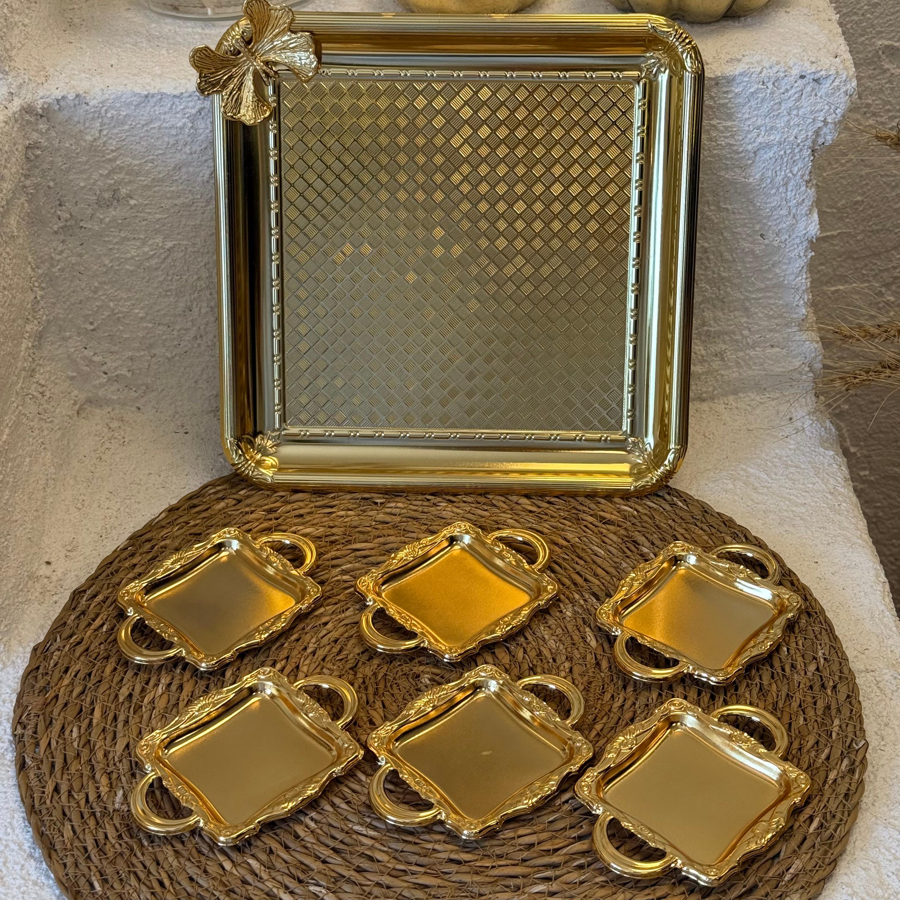Cooker Kelebekli Kare Tepsi Alana, 6 Adet Kare Mini Sunumluk Hediye Gold 
