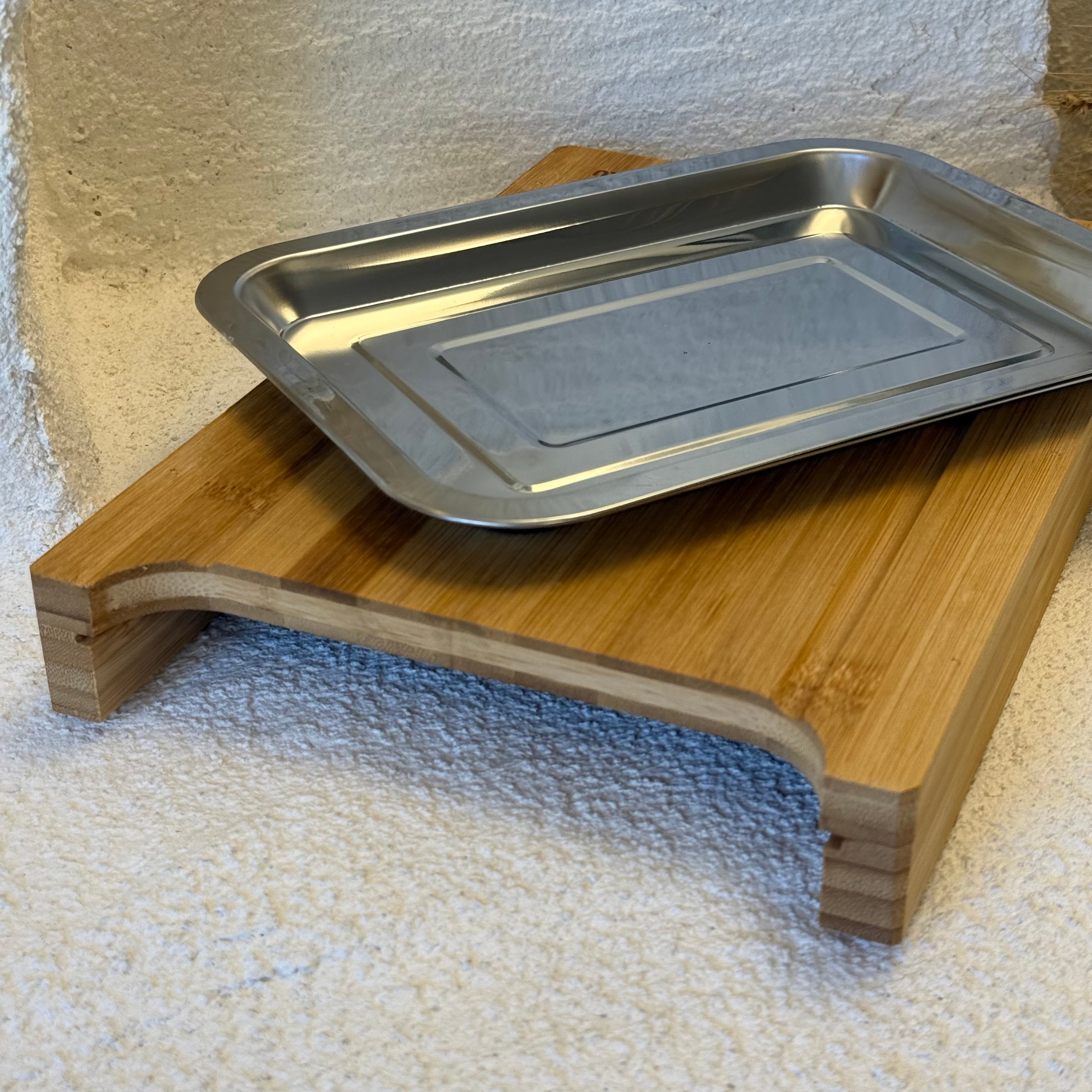 Bambu Kesim Tahtası Çelik Tepsi Hazneli 33x21 cm 