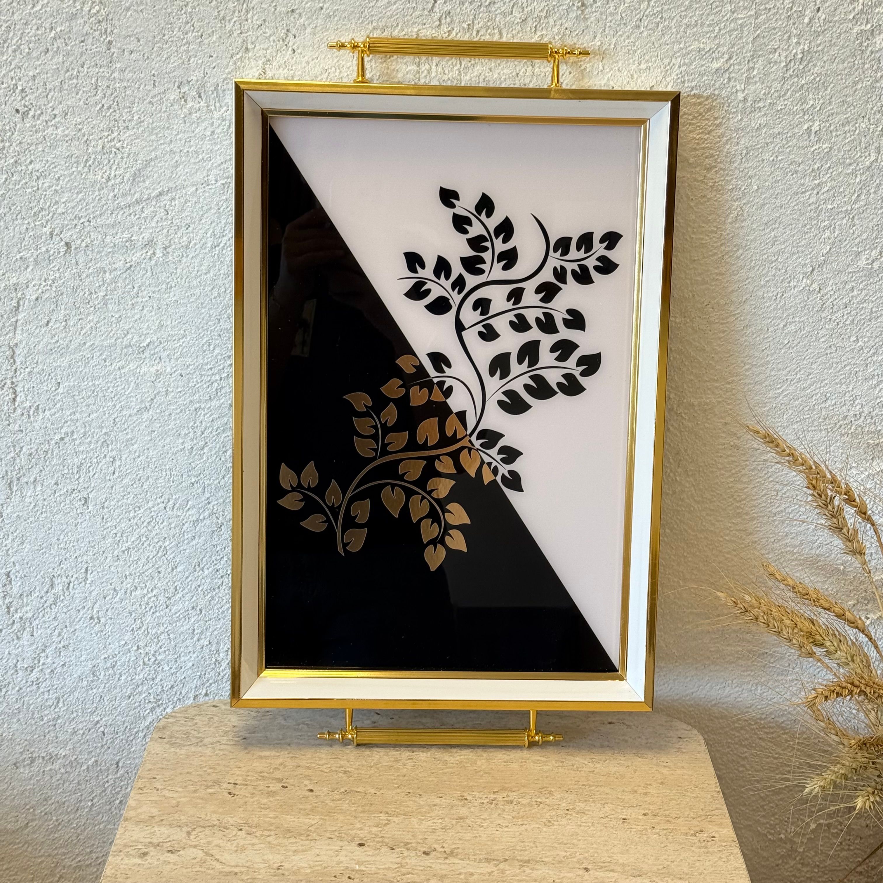 Diana Büyük Boy Lüks Gold Detaylı Tepsi Siyah-Beyaz 48x29 cm 