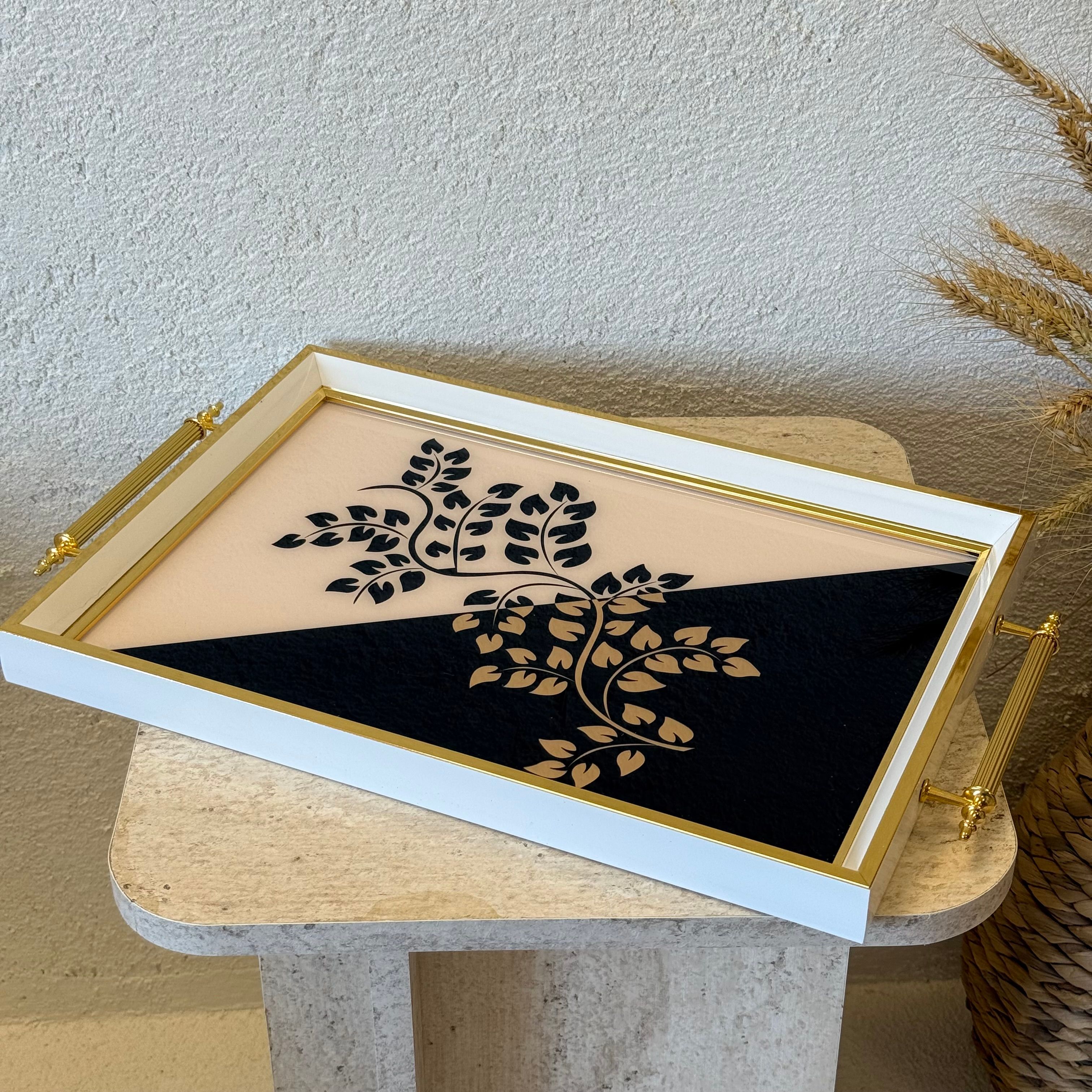 Diana Büyük Boy Lüks Gold Detaylı Tepsi Siyah-Beyaz 48x29 cm 
