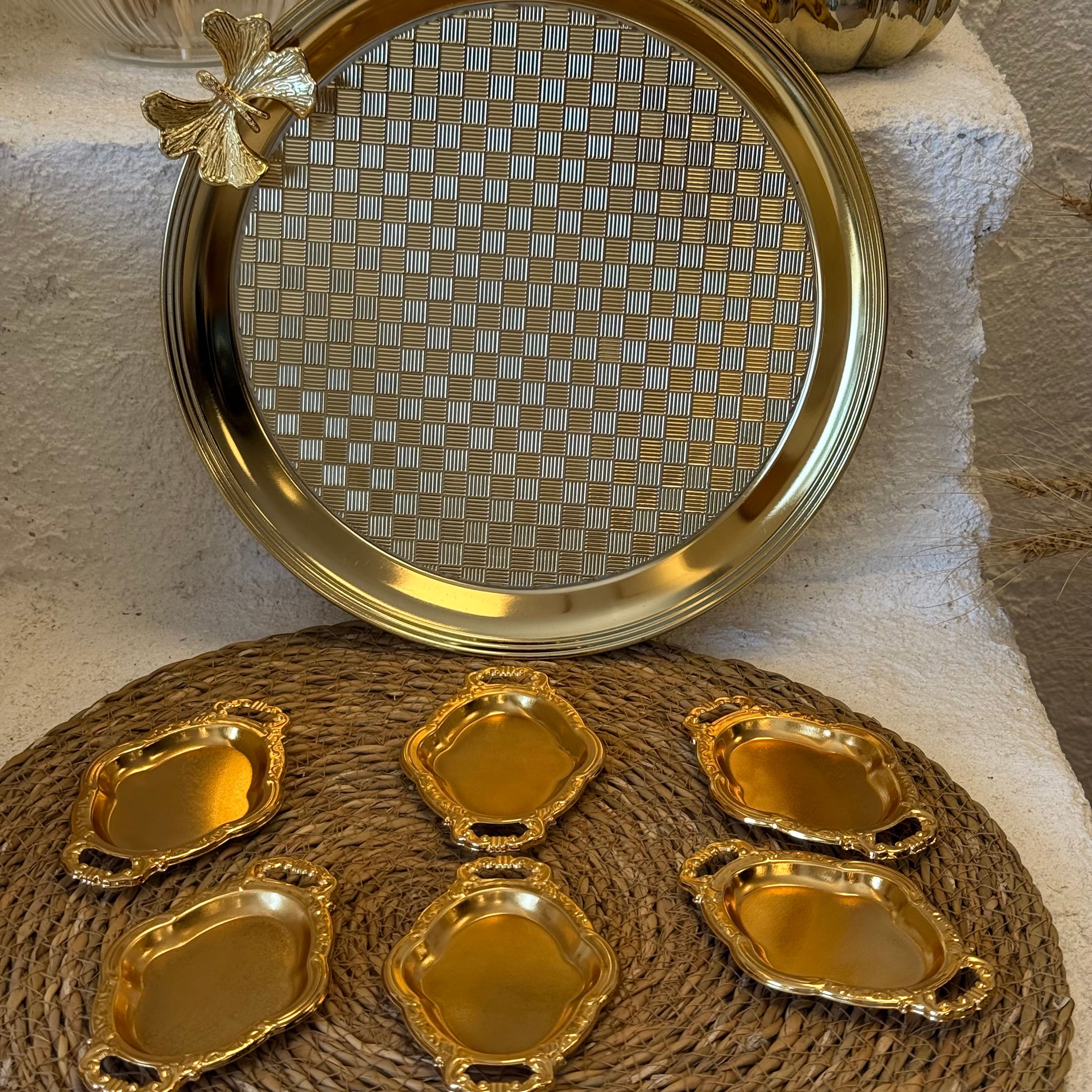 Cooker Kelebekli Yuvarlak Tepsi Alana, 6 Adet Oval Mini Sunumluk Hediye Gold 