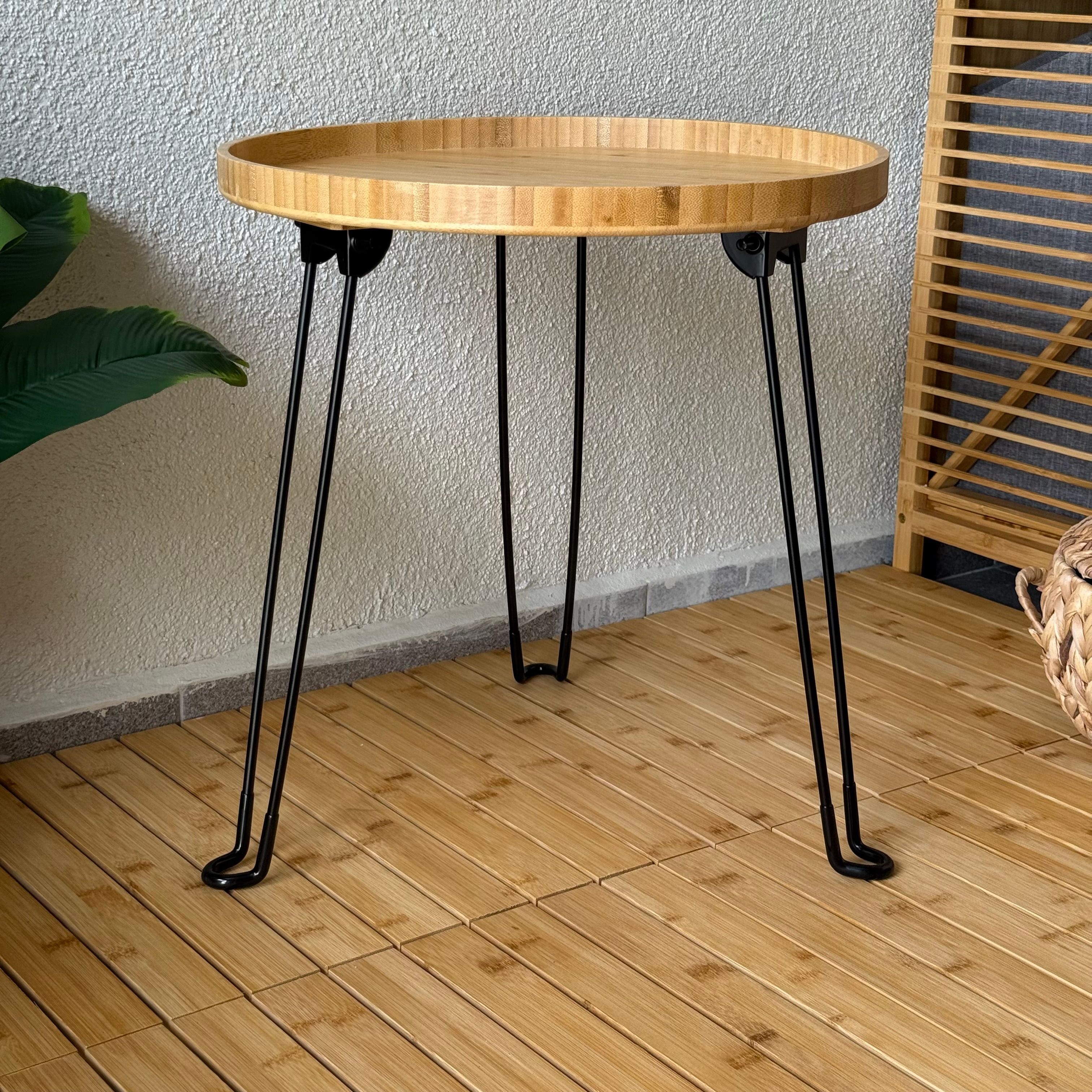 Morena Yuvarlak Metal Ayaklı Katlanır Bambu Sehpa 45x45x46 CM