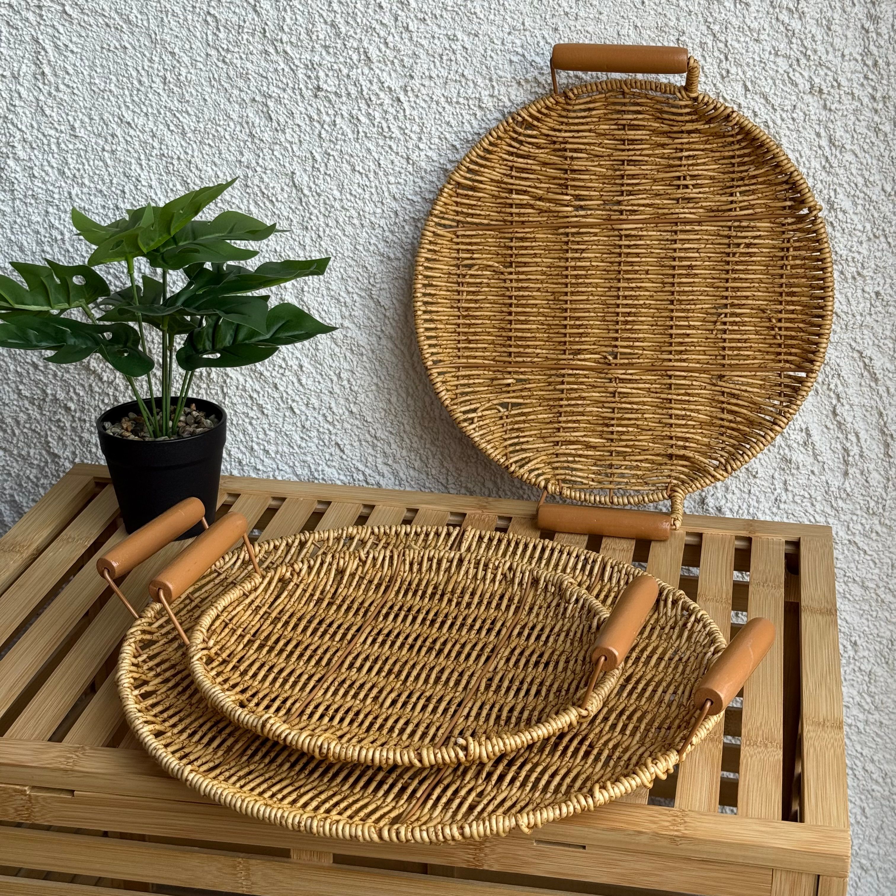 Rattan Kulplu 3 Boy Yuvarlak Tepsi Seti Naturel 