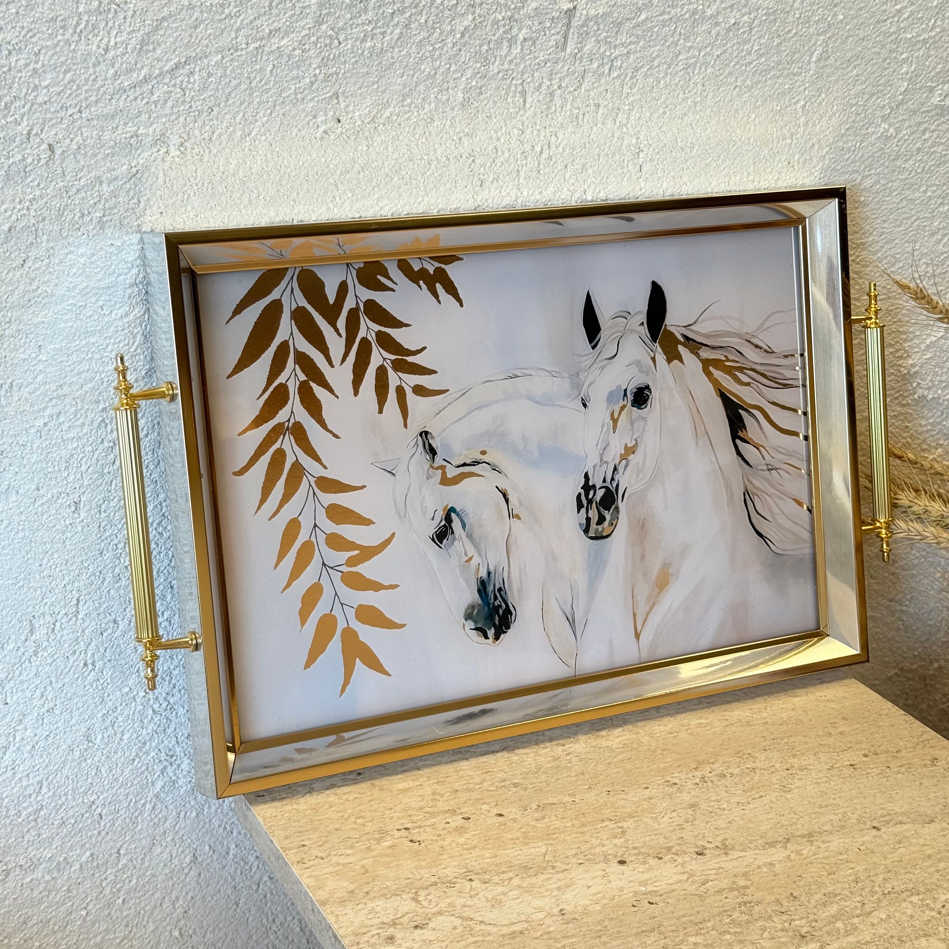 Horse Büyük Boy Lüks Gold Detaylı Tepsi Beyaz 48x29 cm 