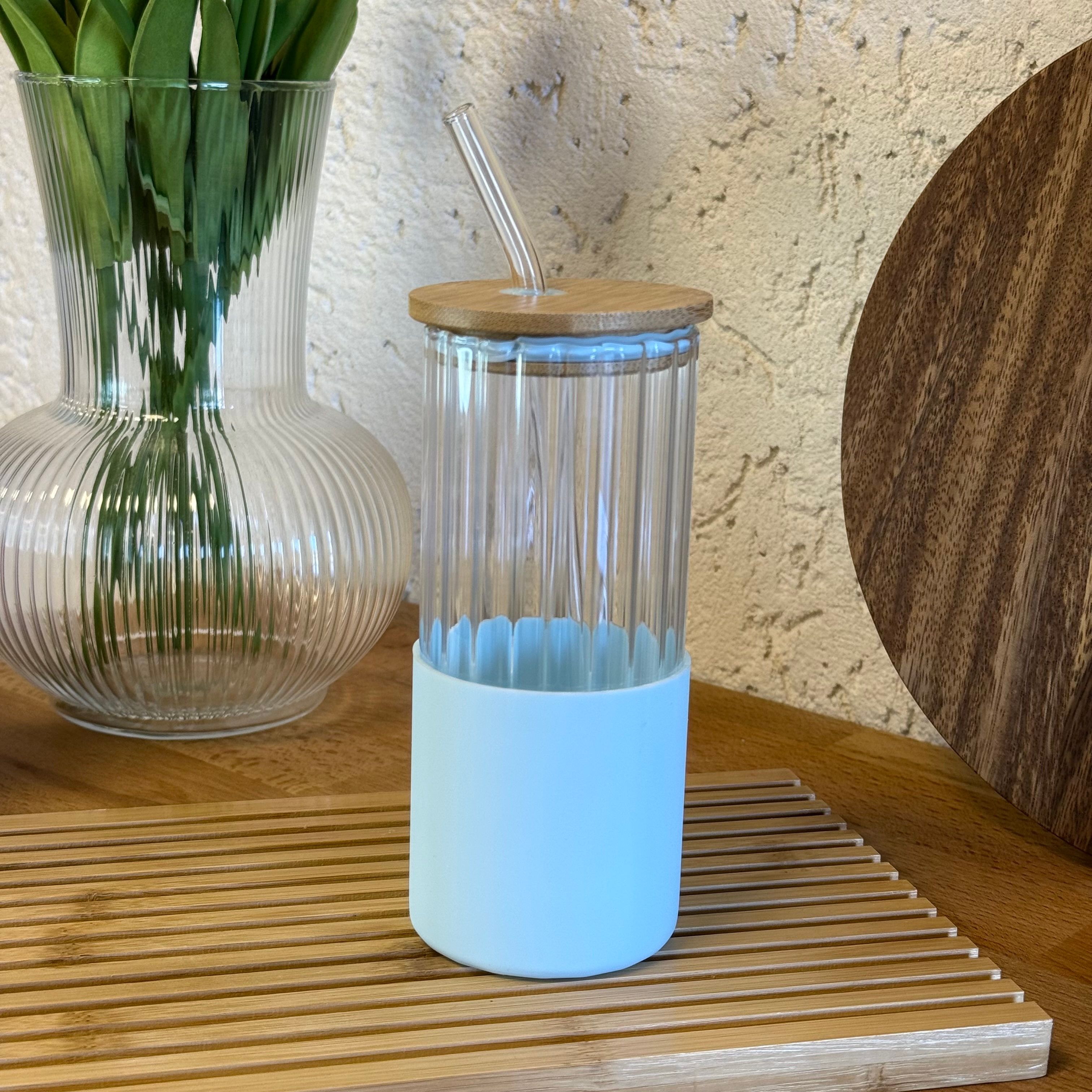 Buhara Silikon Tutmalı Yuvarlak Kalın Çizgi Borosilikat Cam Bardak 400 ML Turkuaz 