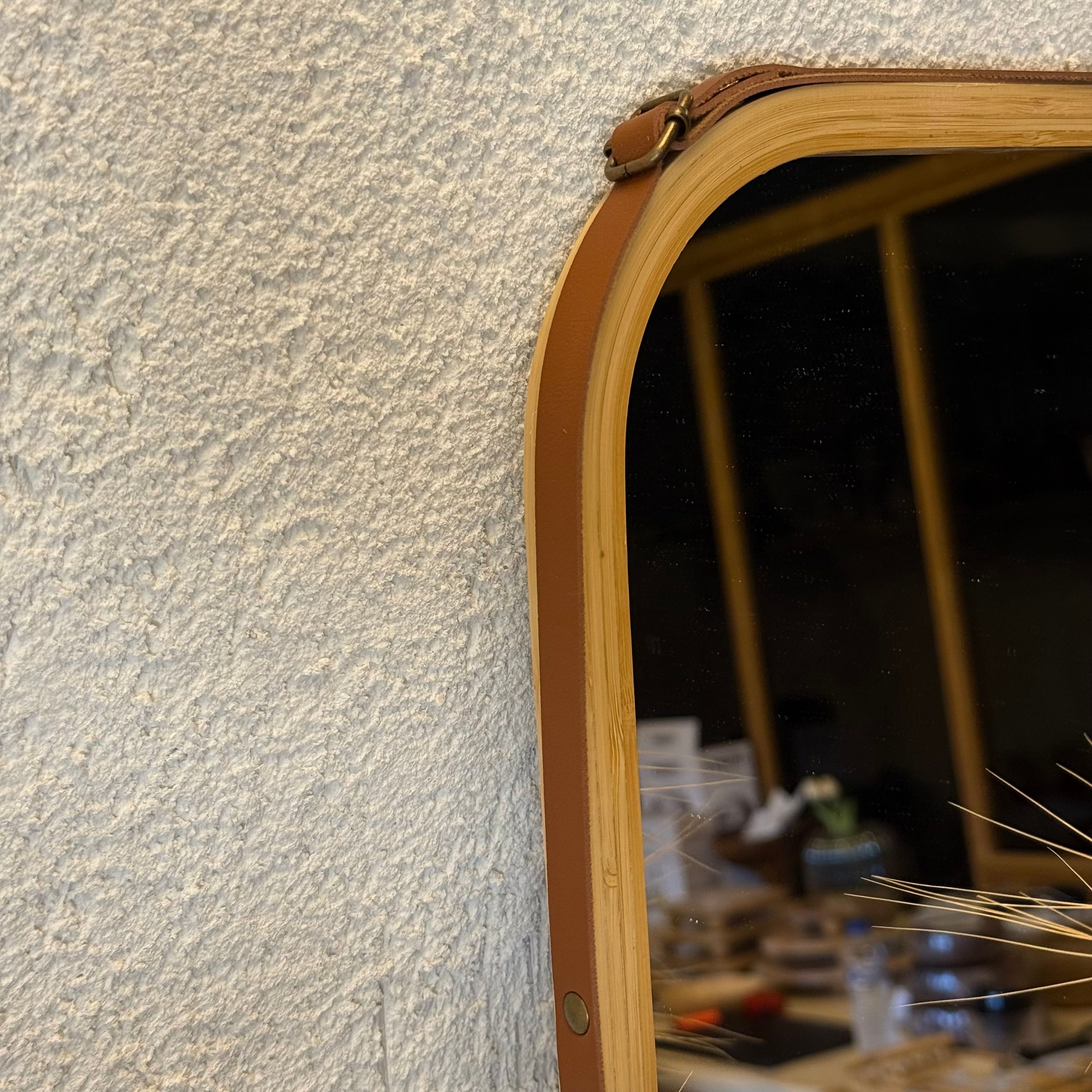 Bambu Duvar Dikdörtgen Ayna Deri Detaylı 57x37cm 