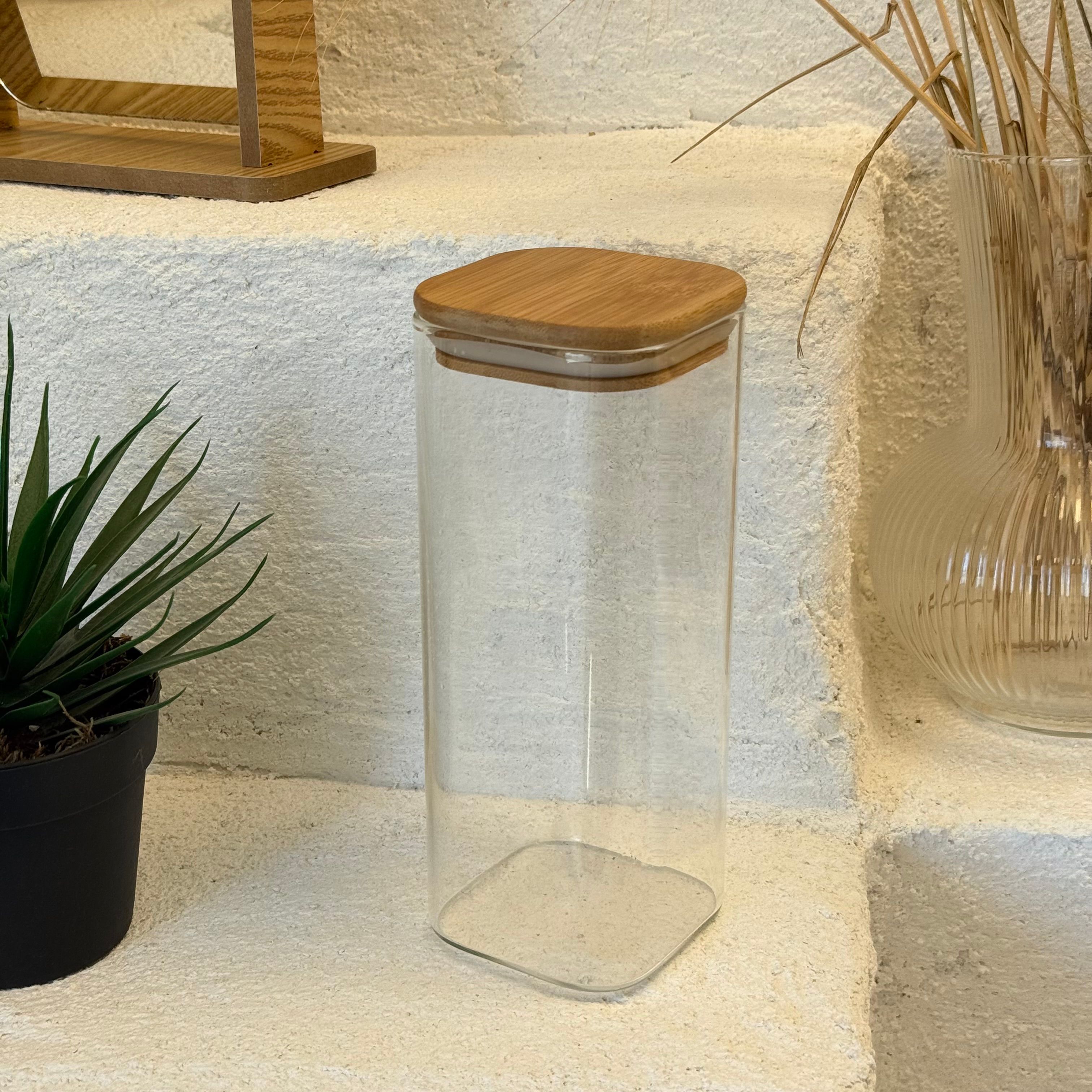 Kare Bambu Kapaklı Cam Kavanoz 20,5x8,5x8,5 cm 