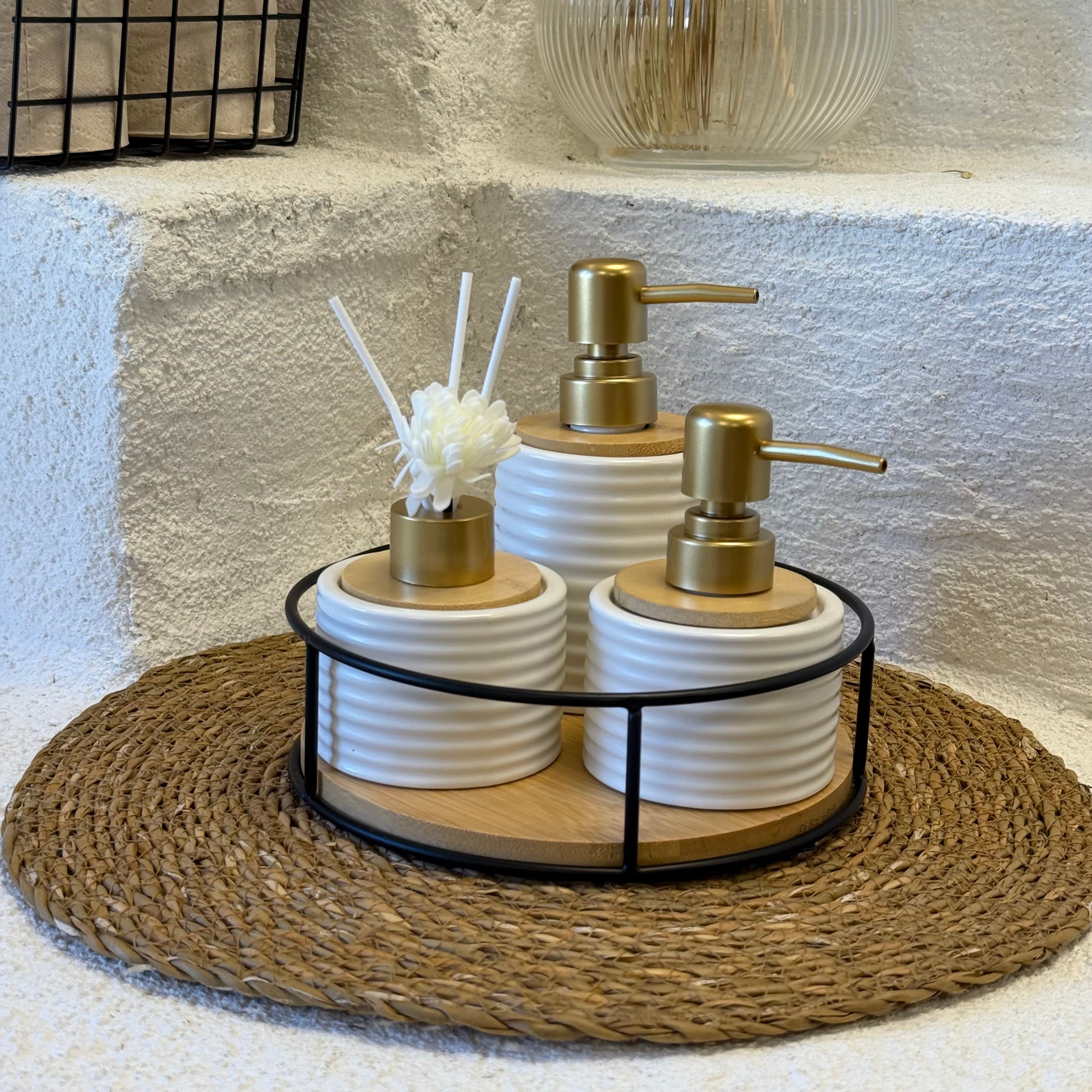 Buenos Lüks Porselen Yuvarlak Standlı Banyo Sıvı Sabunluk Seti Krem 4 Parça