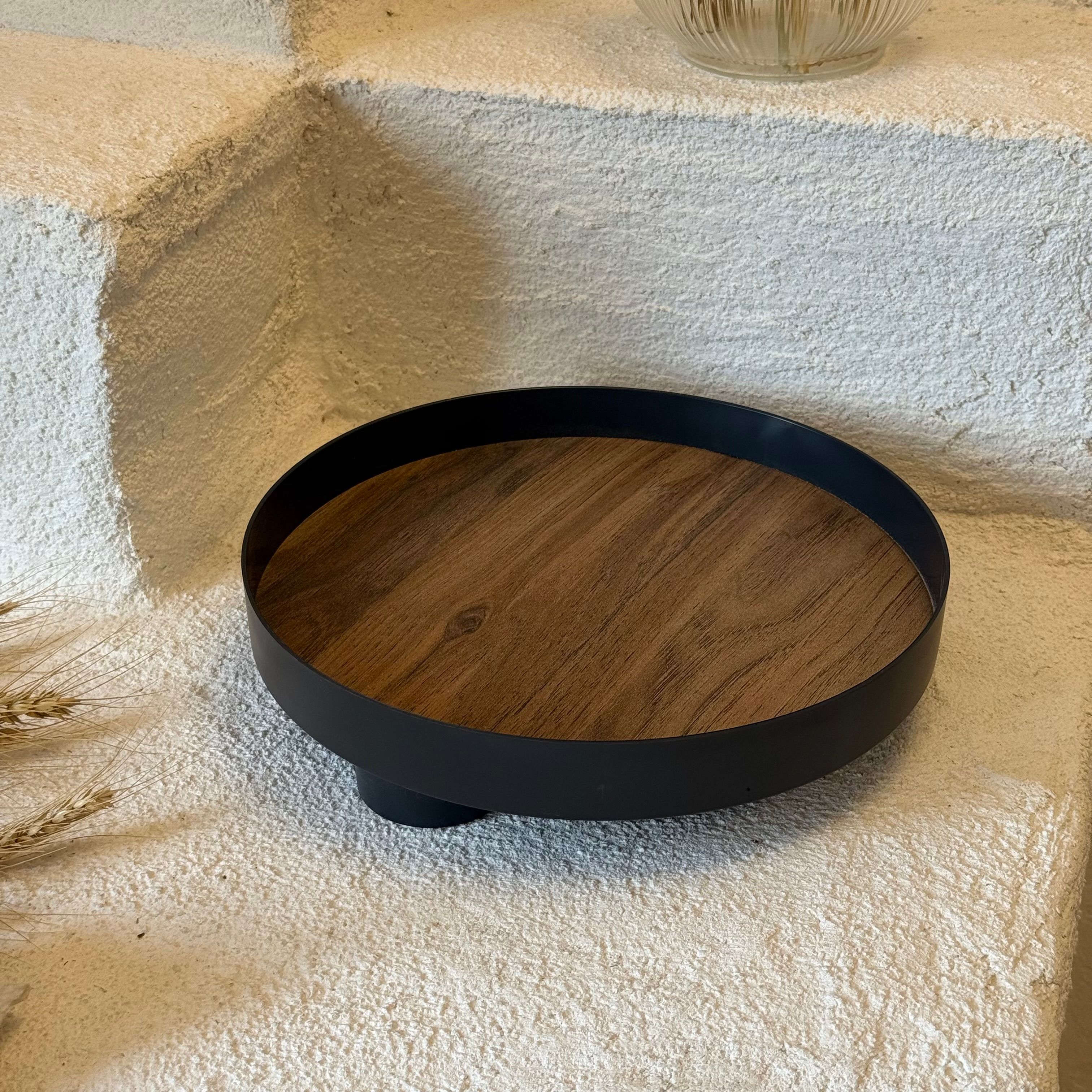 Almina Yuvarlak Çok Kulanışlı Tepsi 28x6 cm Koyu Renk Ahşap 