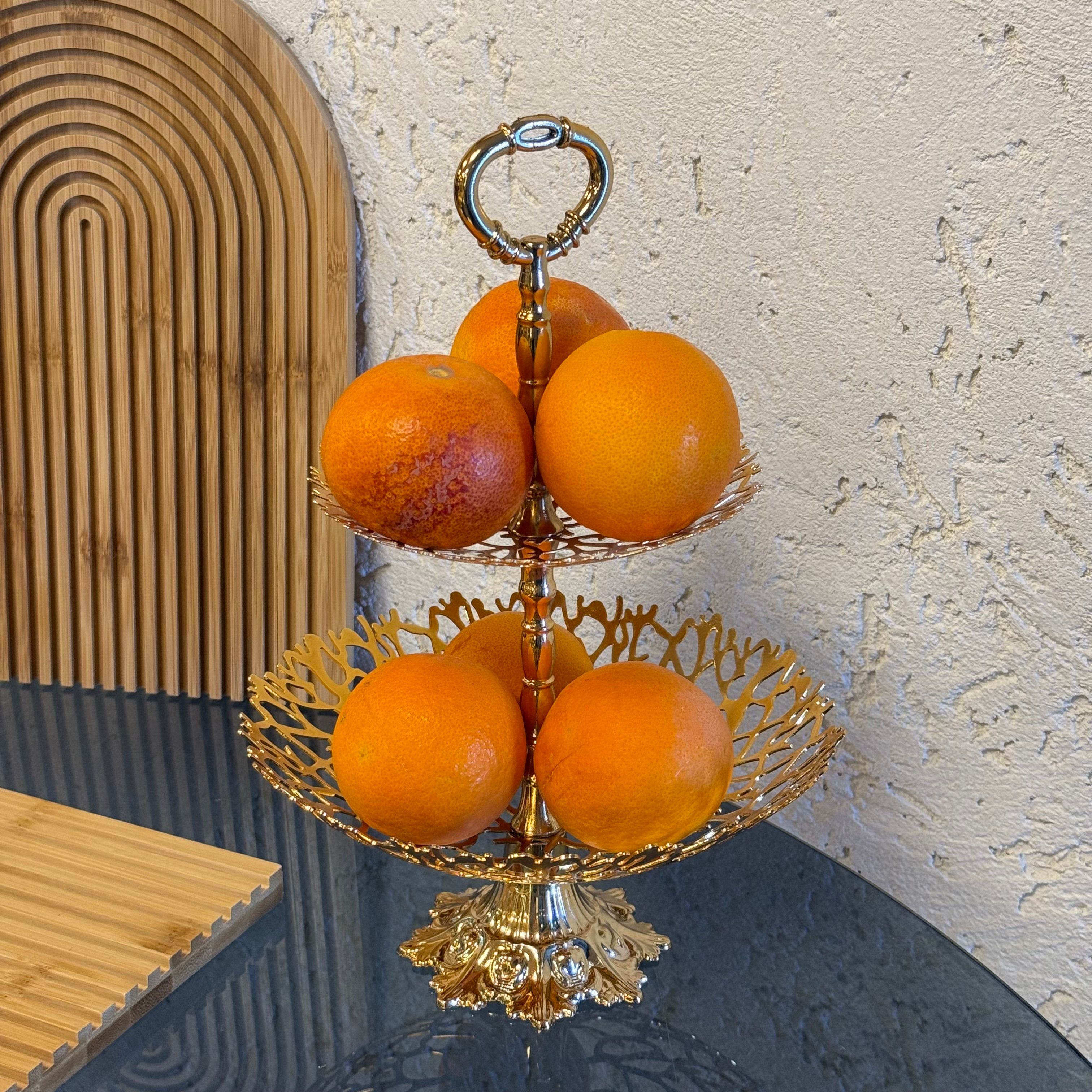 Evanev Lazer Kesim İki Katlı Ayaklı Meyvelik Gold 30 cm (İmkansız Fiyatlarda)