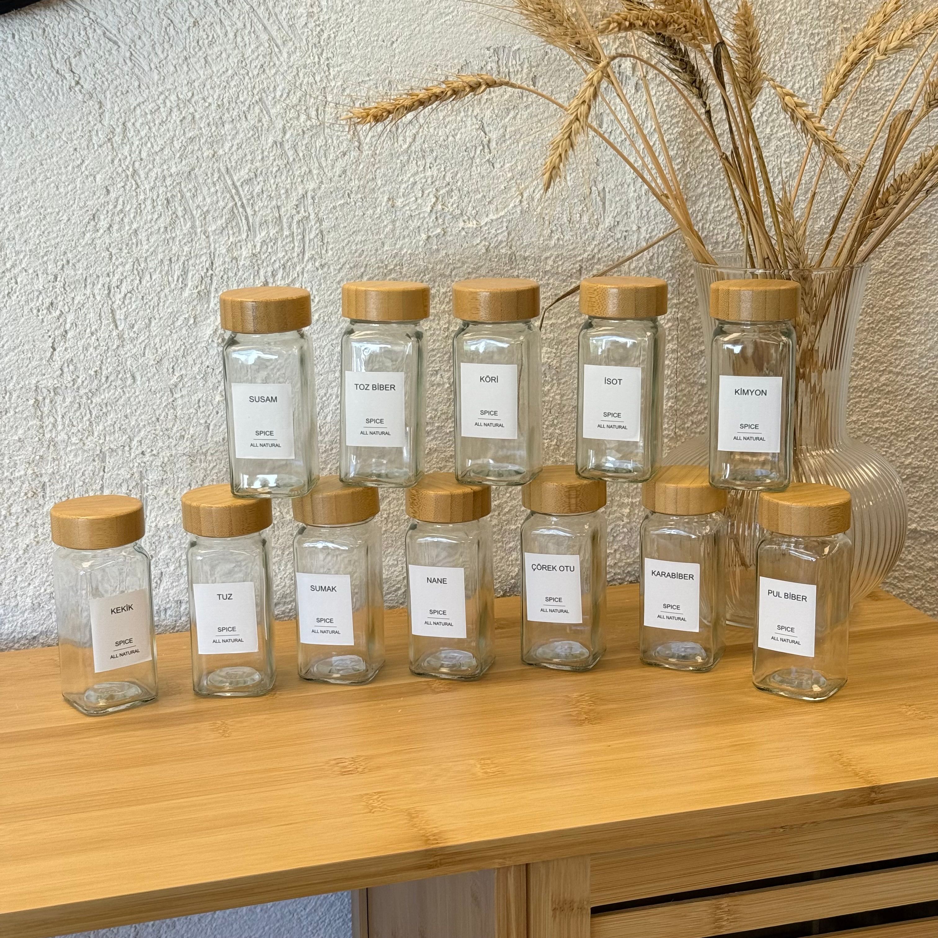 12 Adet Kare Bambu Kapaklı Cam Baharatlık Seti 120 ml (KOD-008)