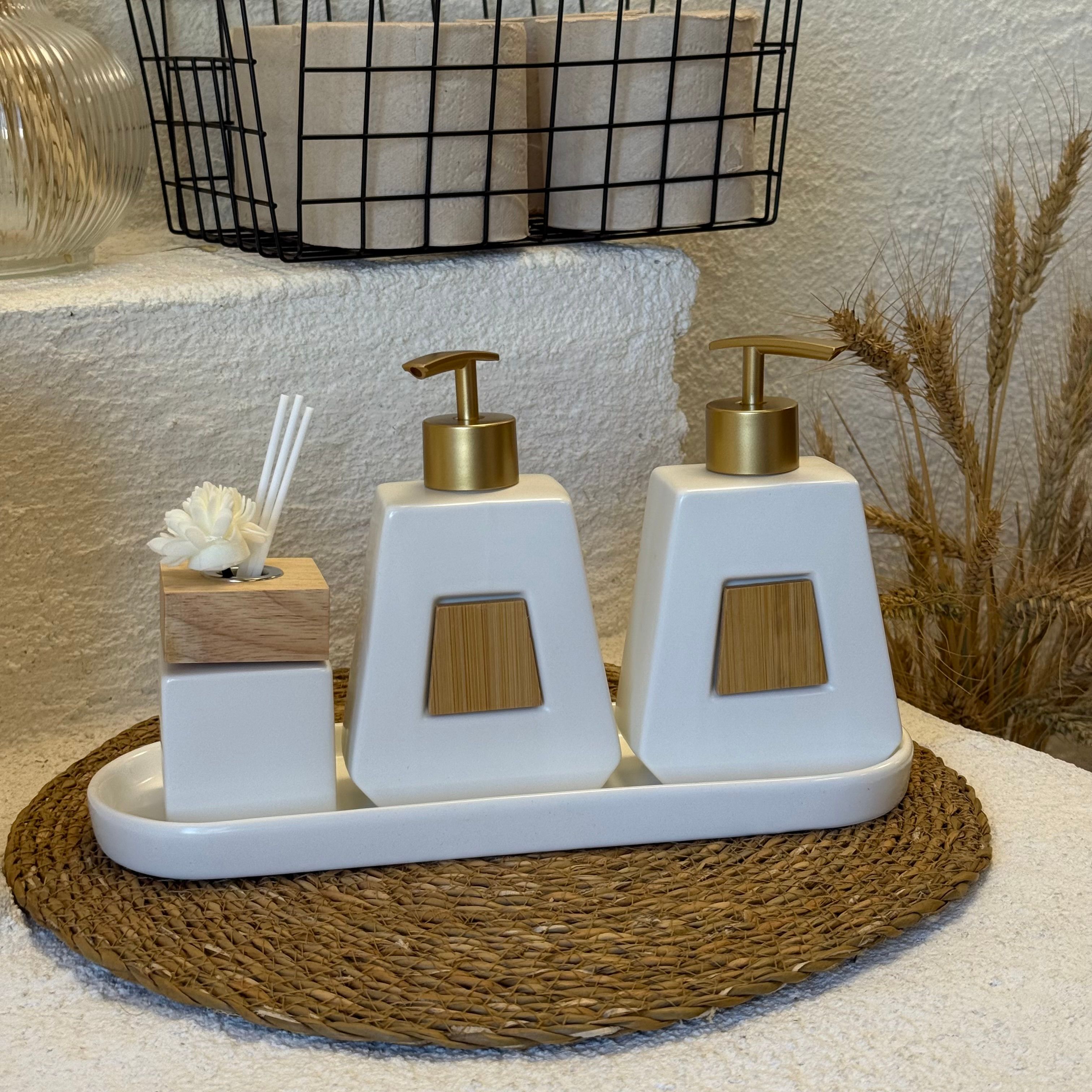 Buenos Lüks Porselen Banyo Seti  Krem Bambu Detaylı 4 Parça 