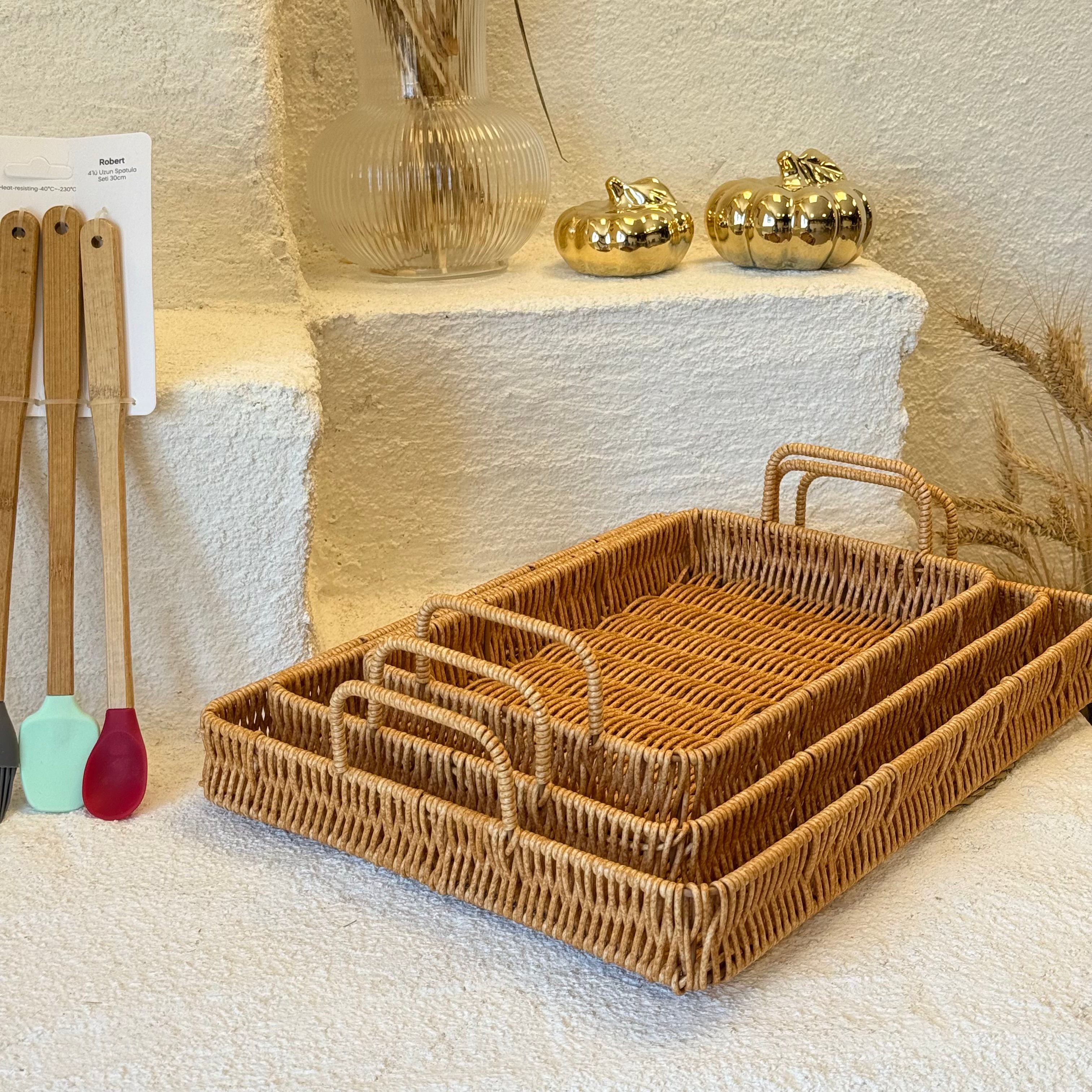 Rattan 3 Boy Tepsi Alana Bambu-Silikon Kaşık Seti Hediye 