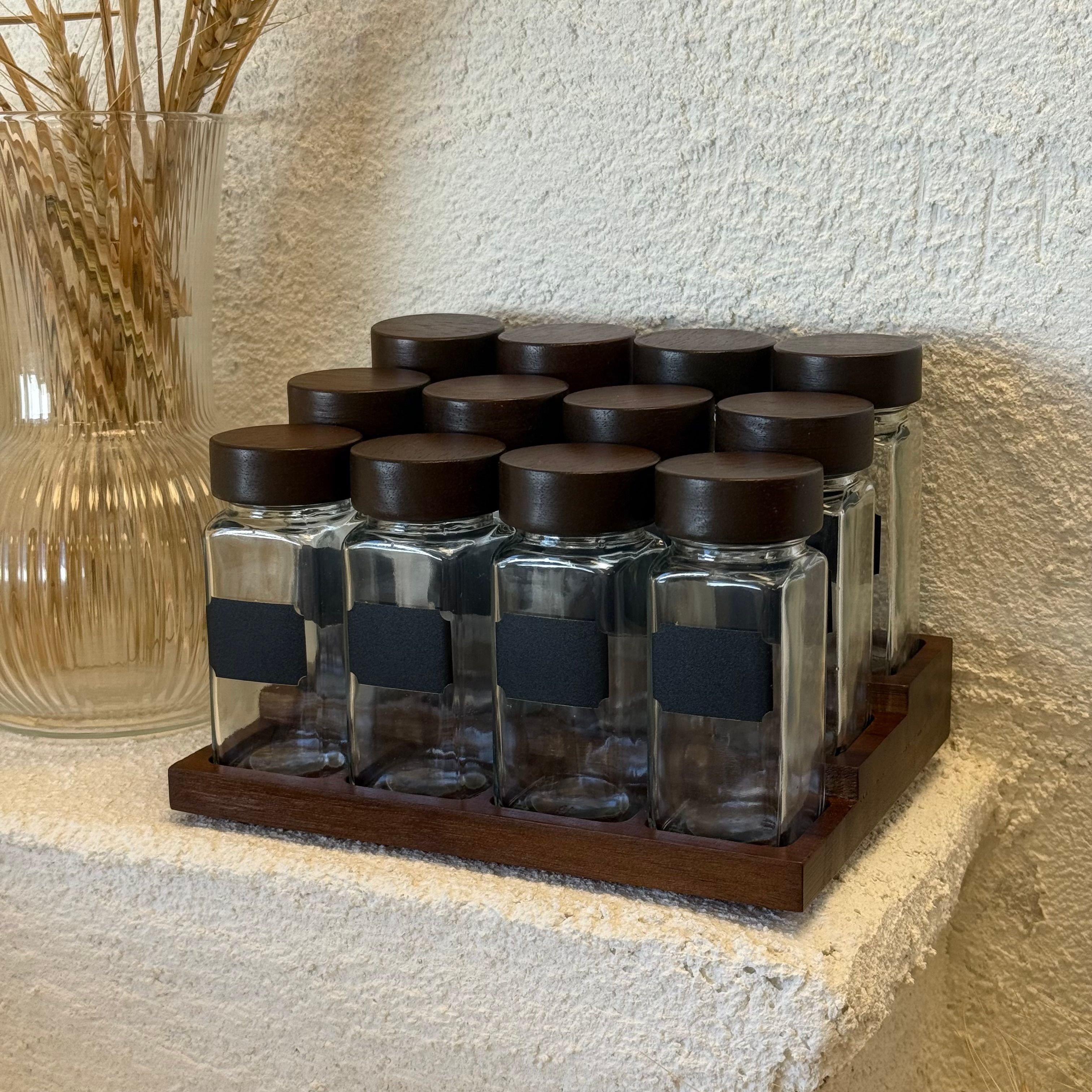 Spice Ahşap Standlı 12 li Cam Baharatlık Seti 120 ml 