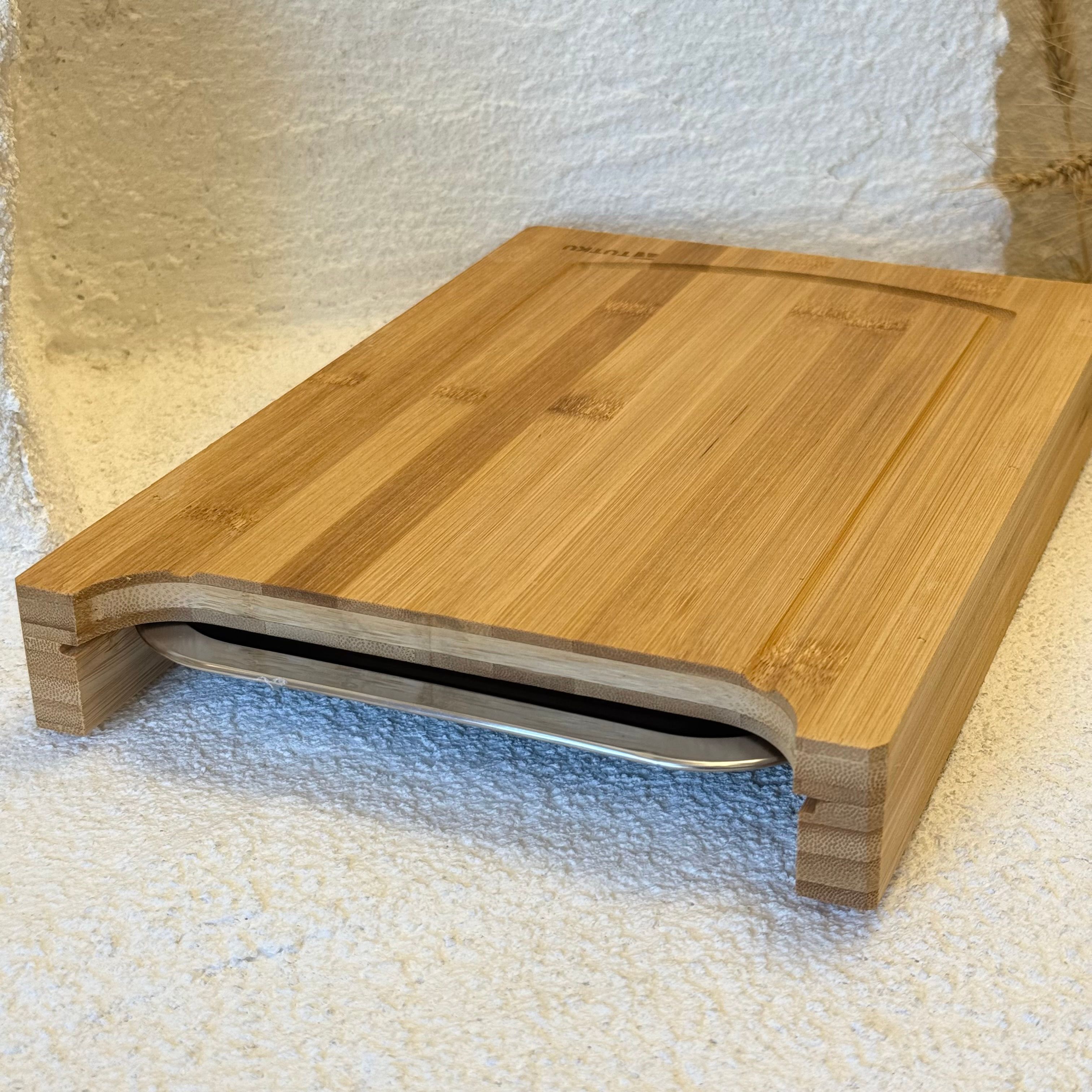 Bambu Kesim Tahtası Çelik Tepsi Hazneli 33x21 cm 