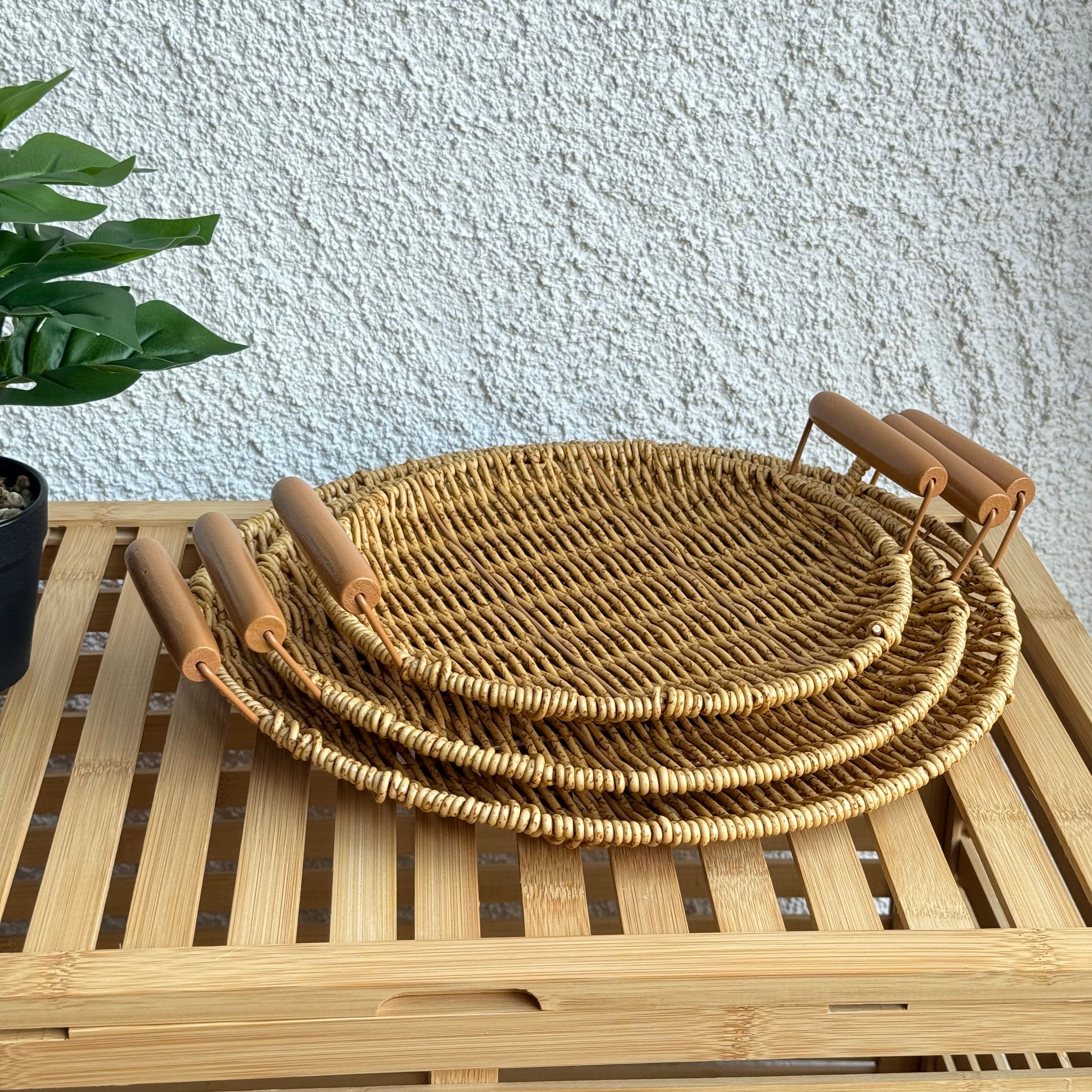 Rattan Kulplu 3 Boy Yuvarlak Tepsi Seti Naturel 