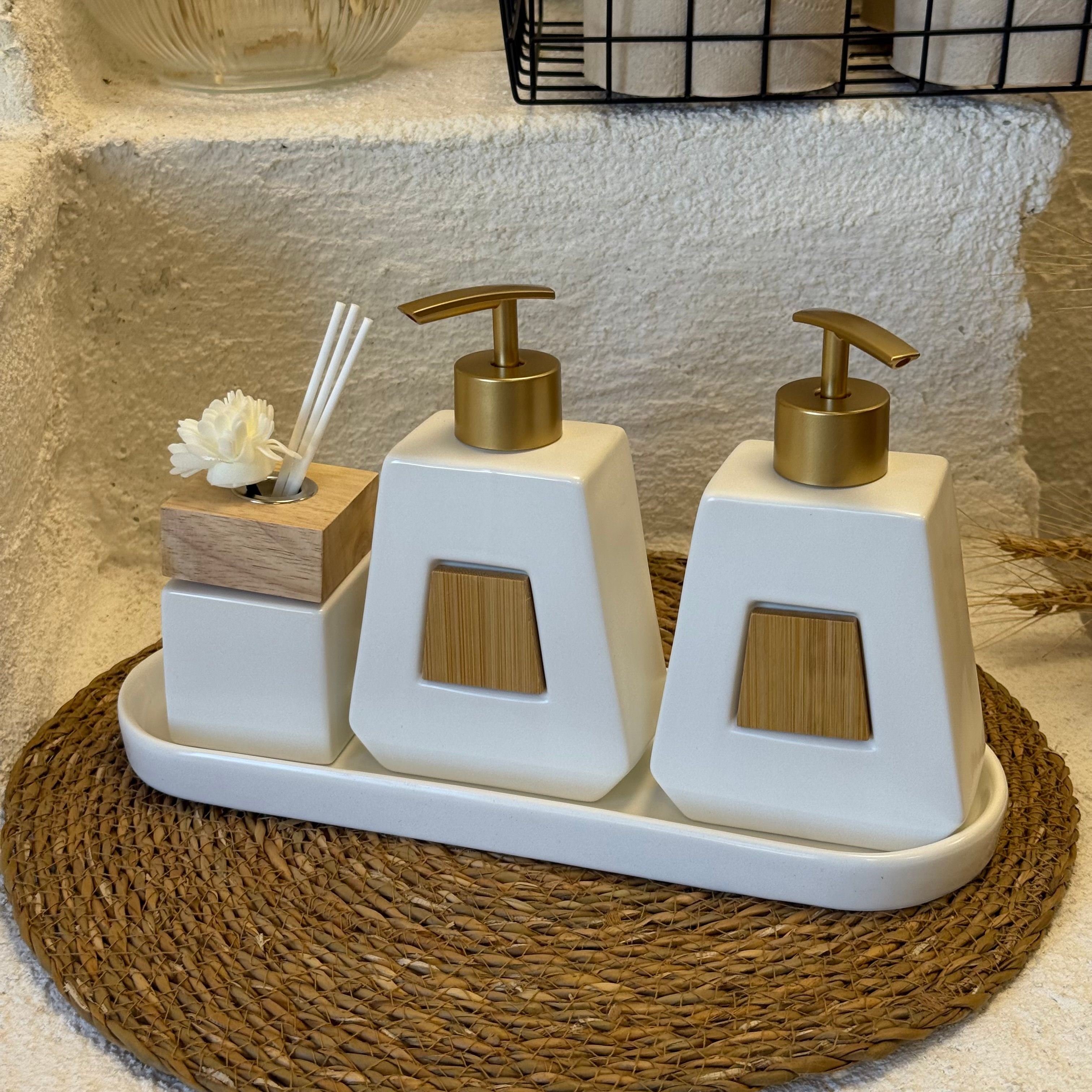 Buenos Lüks Porselen Banyo Seti  Krem Bambu Detaylı 4 Parça 