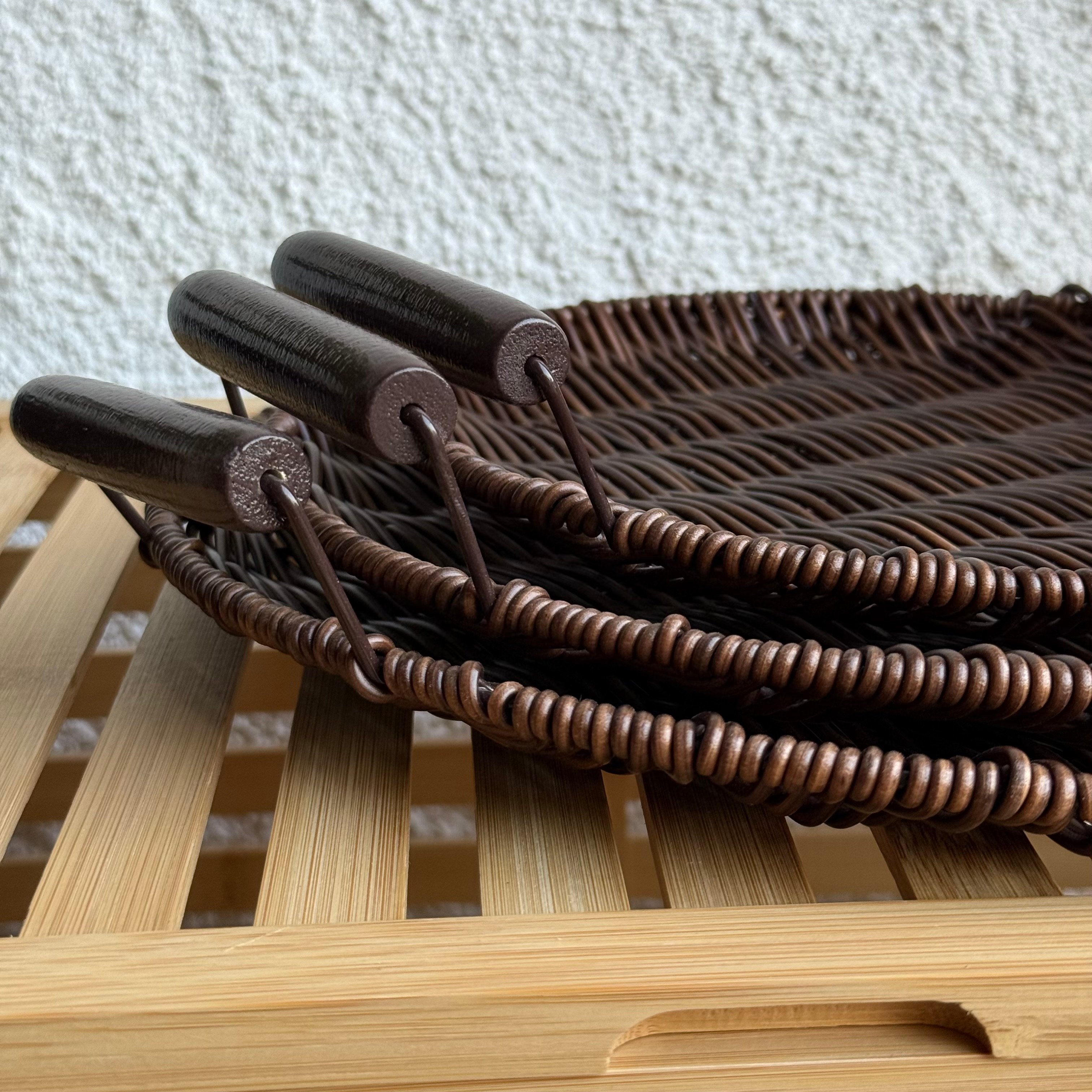 Rattan Kulplu 3 Boy Yuvarlak Tepsi Seti Kahve Rengi 