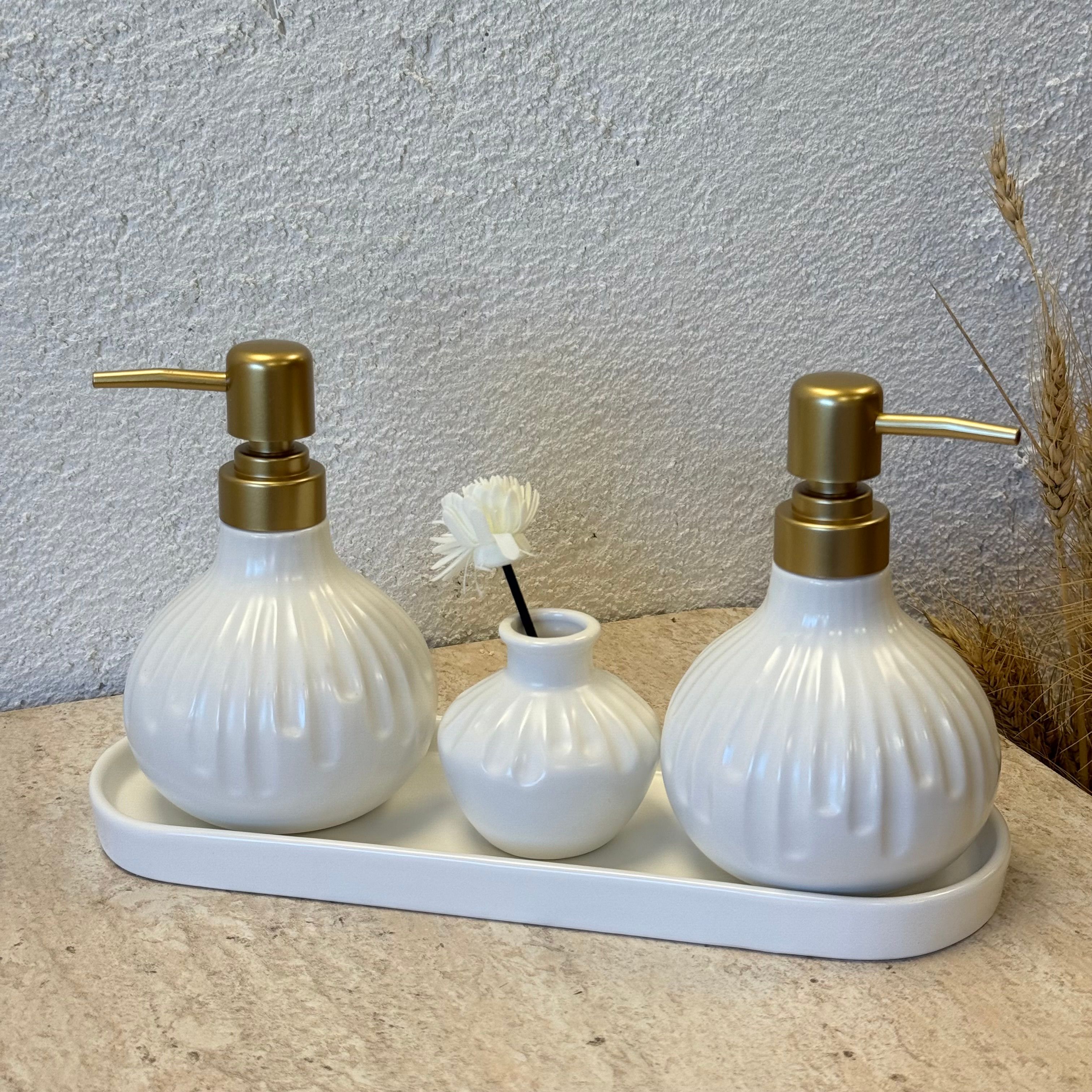 Buenos Lüks Porselen Banyo Sıvı Sabunluk Seti Krem 4 Parça
