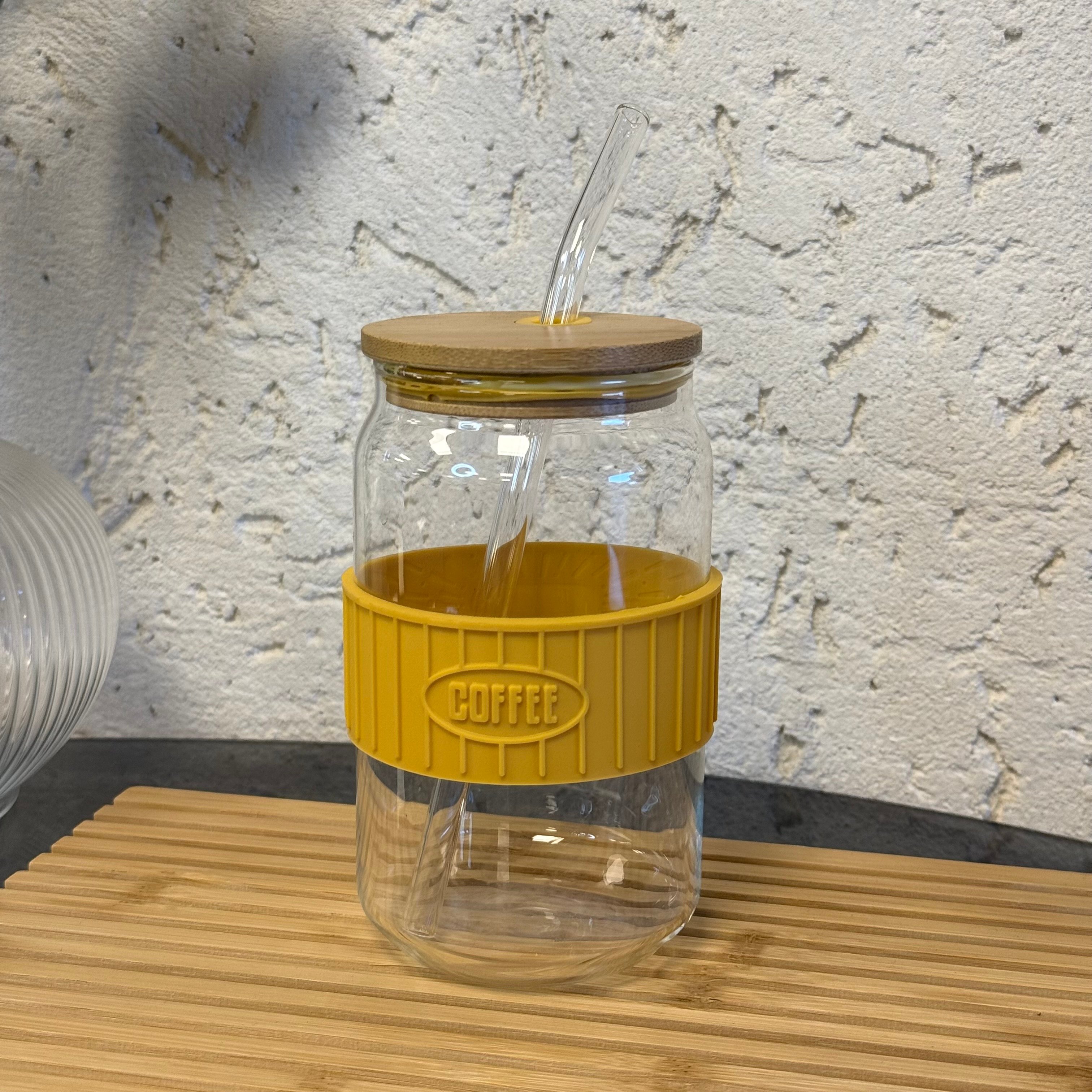 Buhara Silikon Tutmalı Tombul Borosilikat Cam Bardak 500 ML Hardal 