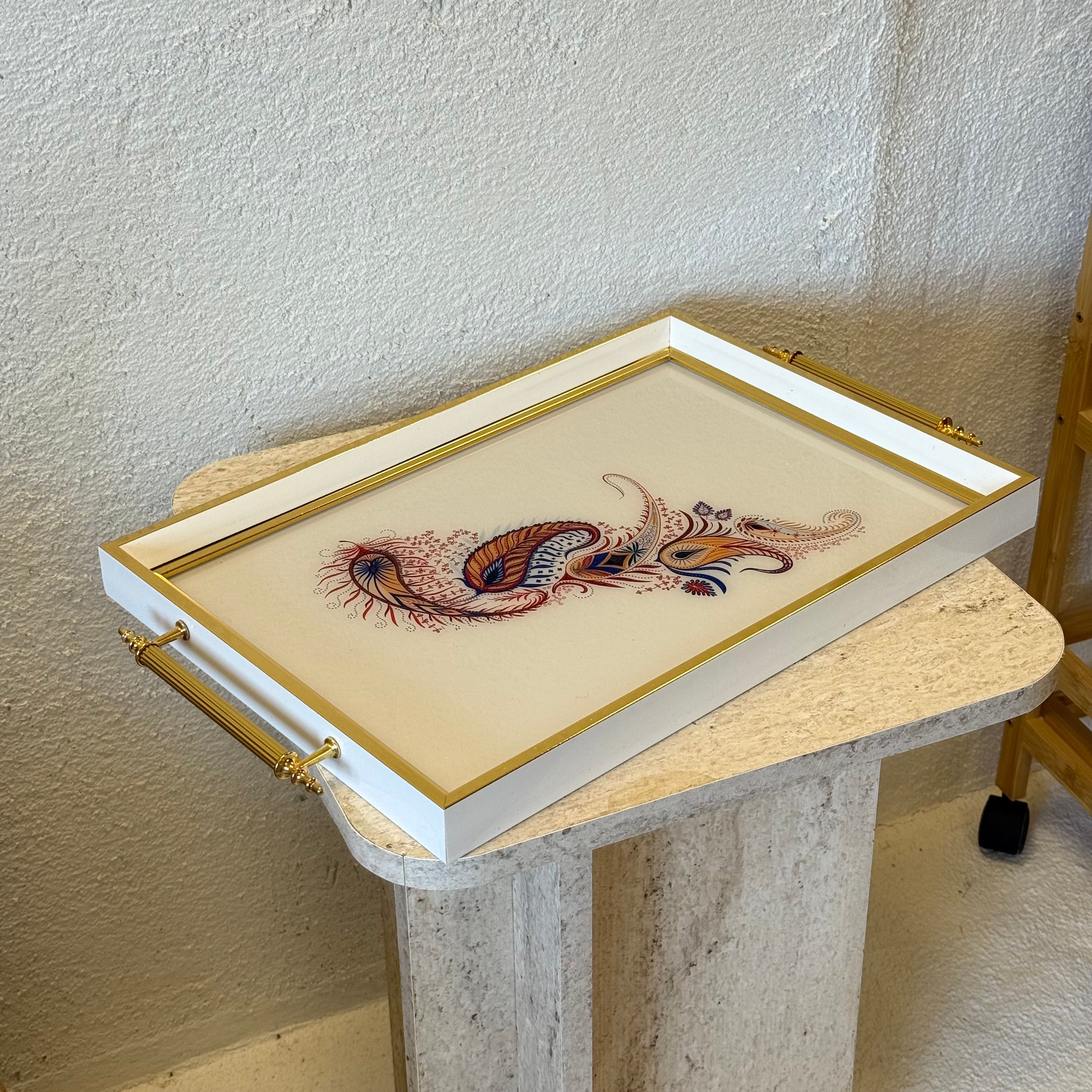 Sofya Büyük Boy Lüks Gold Detaylı Tepsi Beyaz 48x29 cm 