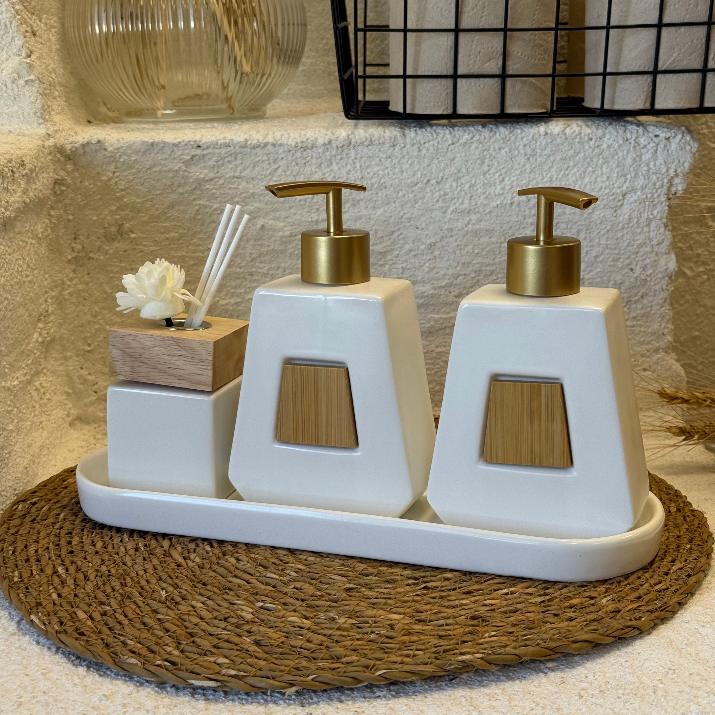 Buenos Lüks Porselen Banyo Seti  Krem Bambu Detaylı 4 Parça 