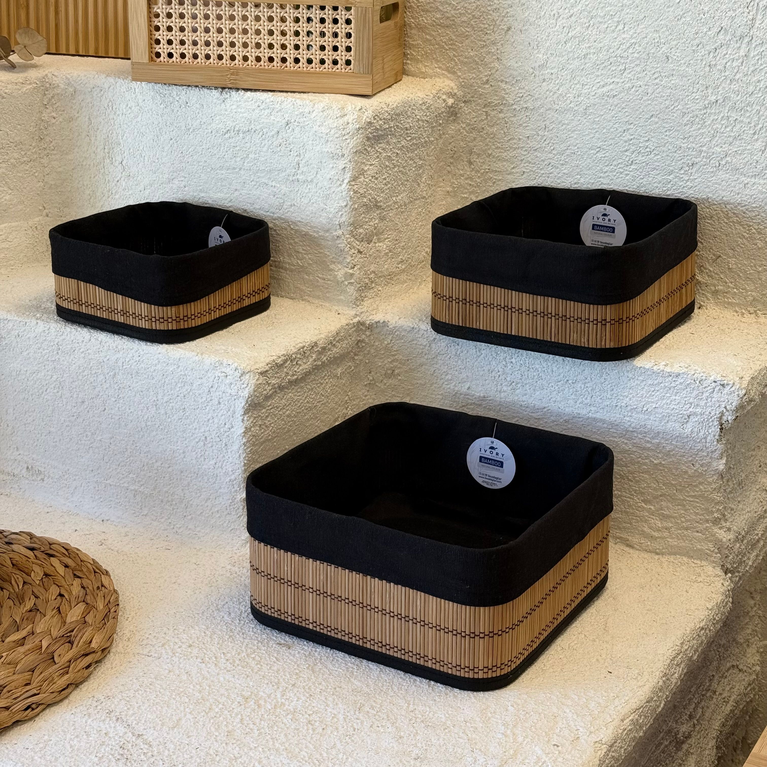 İvory Kare Siyah Astarlı Bambu Kare 3 Boy Organizer Seti 