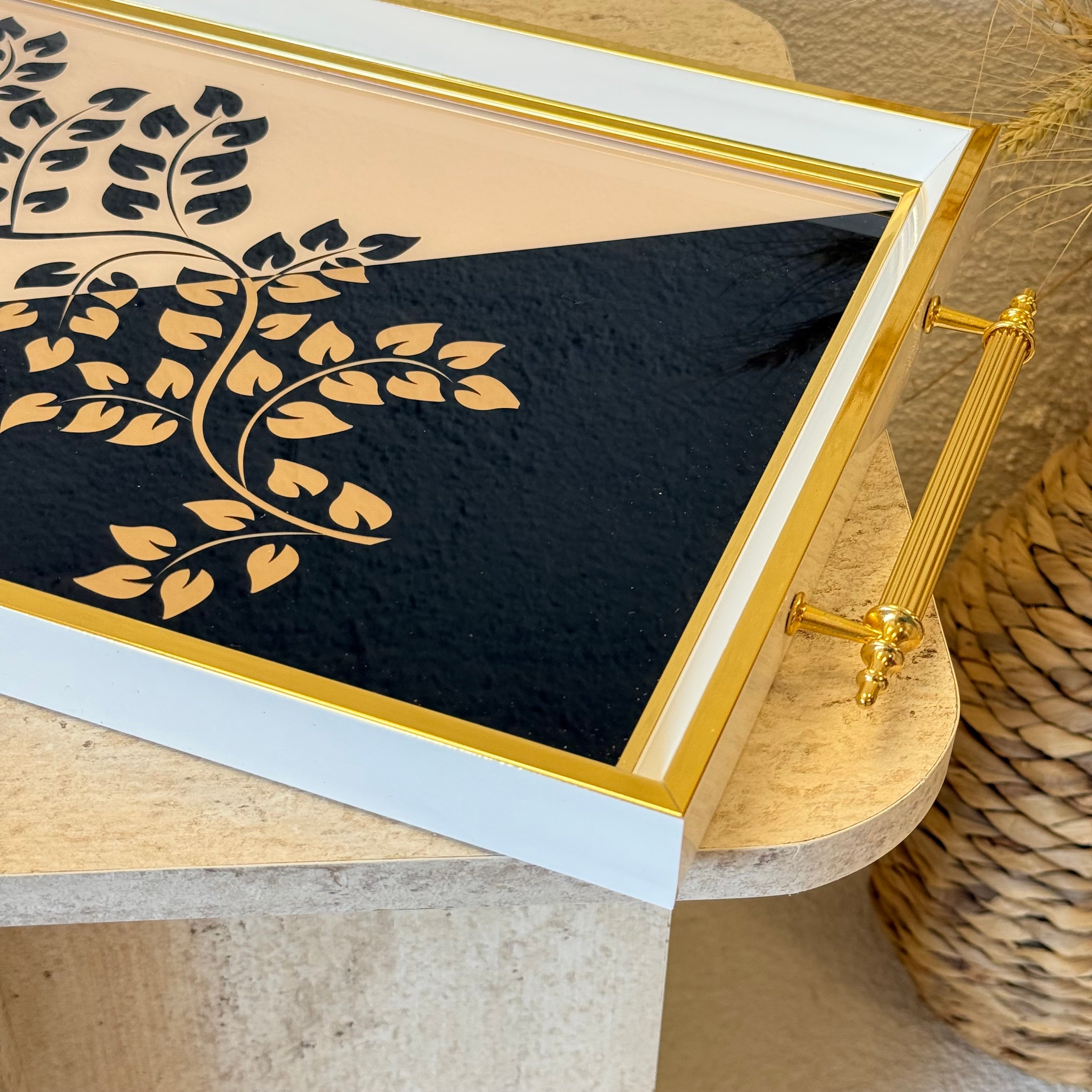 Diana Büyük Boy Lüks Gold Detaylı Tepsi Siyah-Beyaz 48x29 cm 