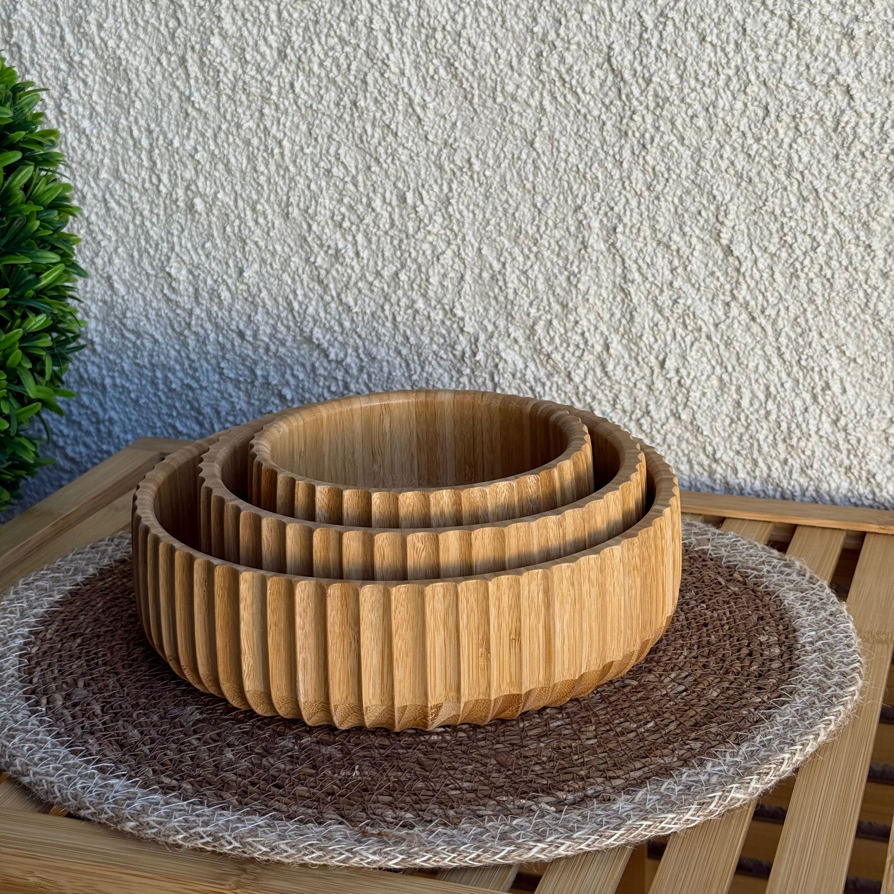 Barotti Bambu 3 Boy Çizgili Yuvarlak Kase 22 cm, 18 cm, 14 cm 