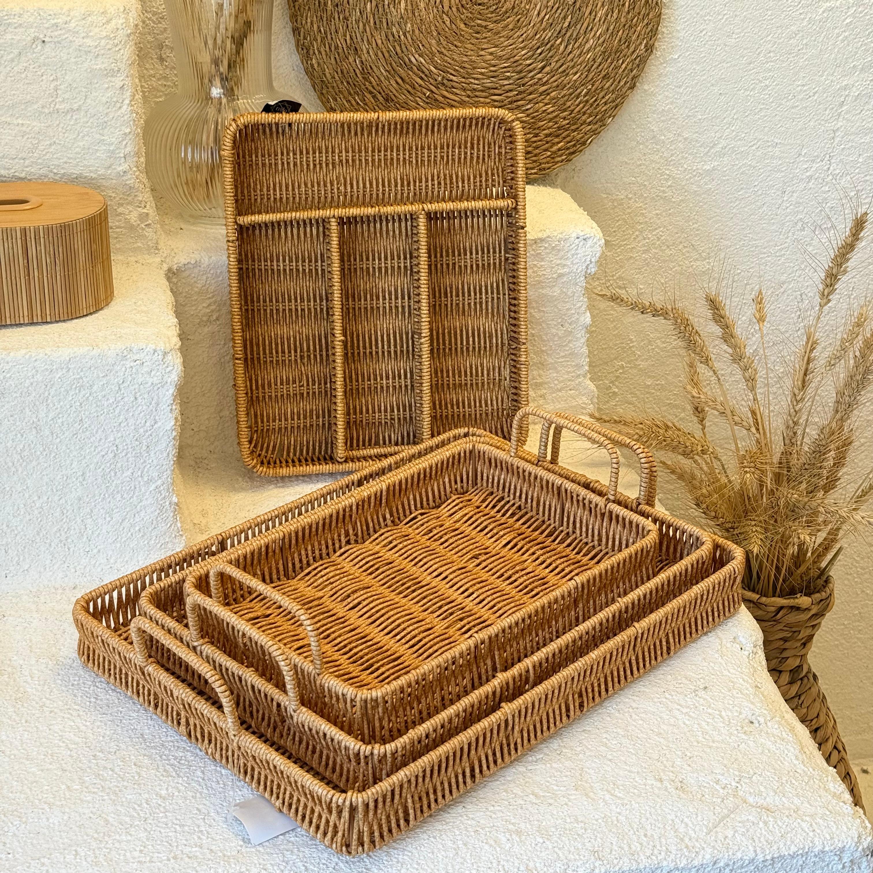 Rattan Set 3 Boy Tepsi ve Rattan Kaşıklık 