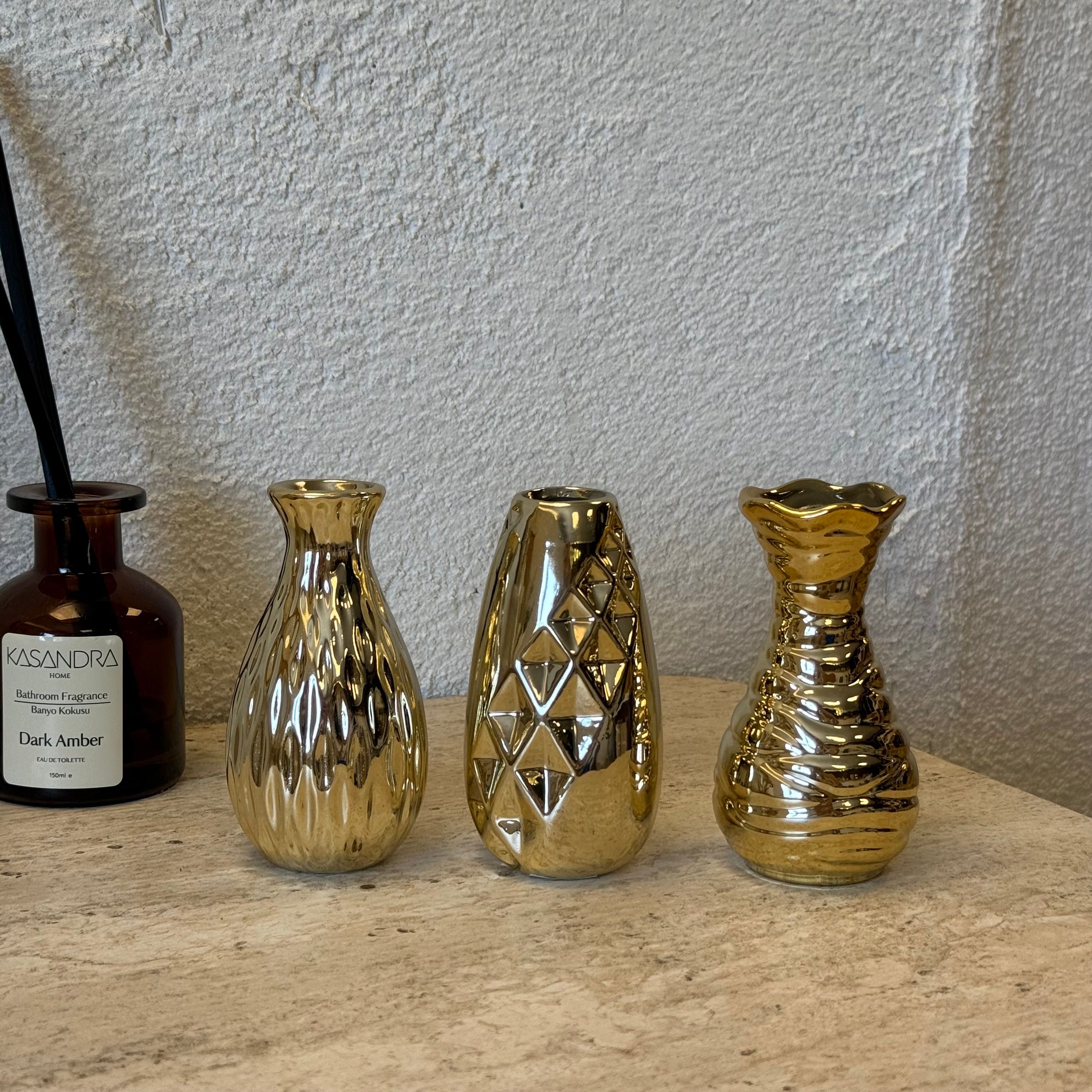 Lüks 3 Lü Gold Dekoratif Vazo Seti 11 CM 