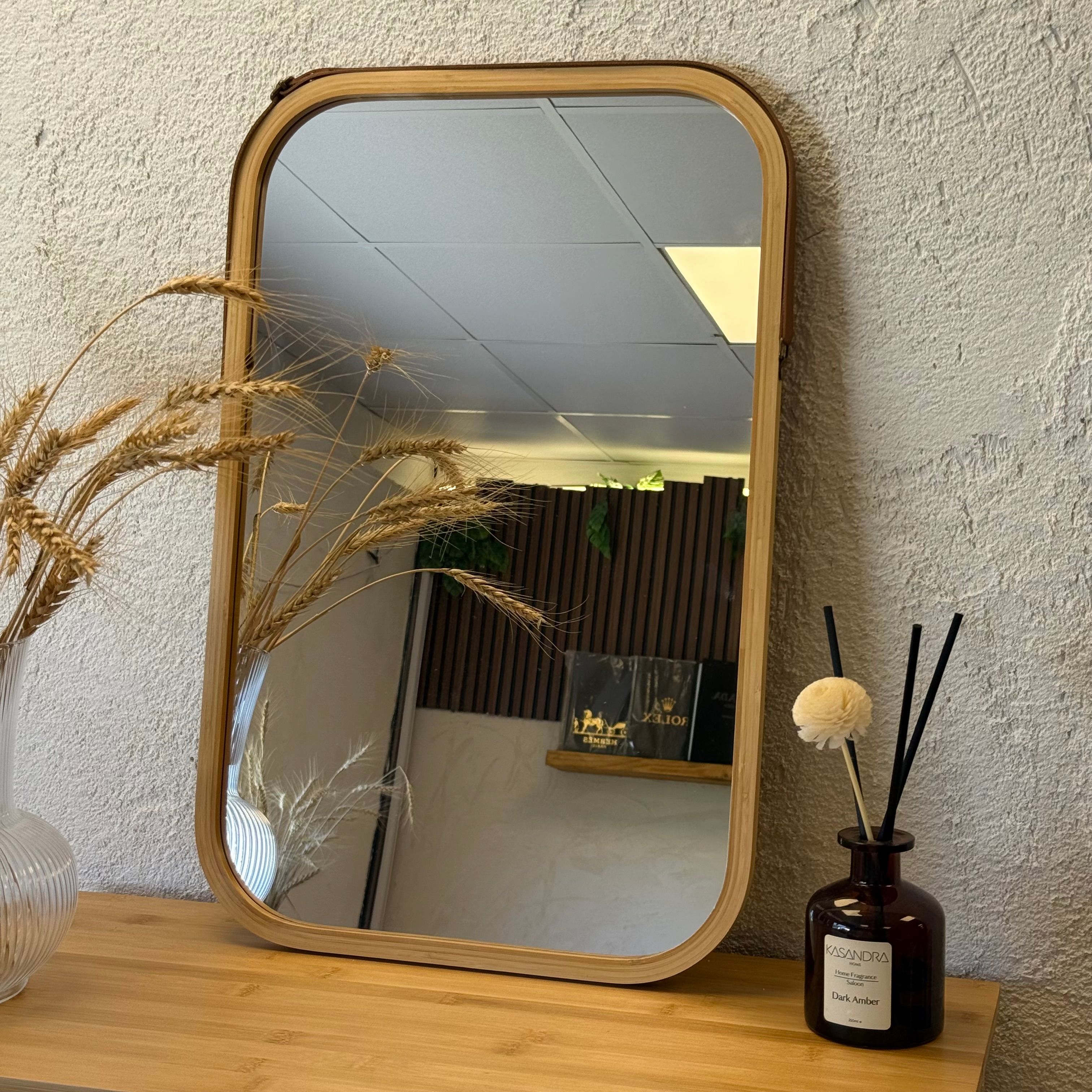 Bambu Duvar Dikdörtgen Ayna Deri Detaylı 57x37cm 