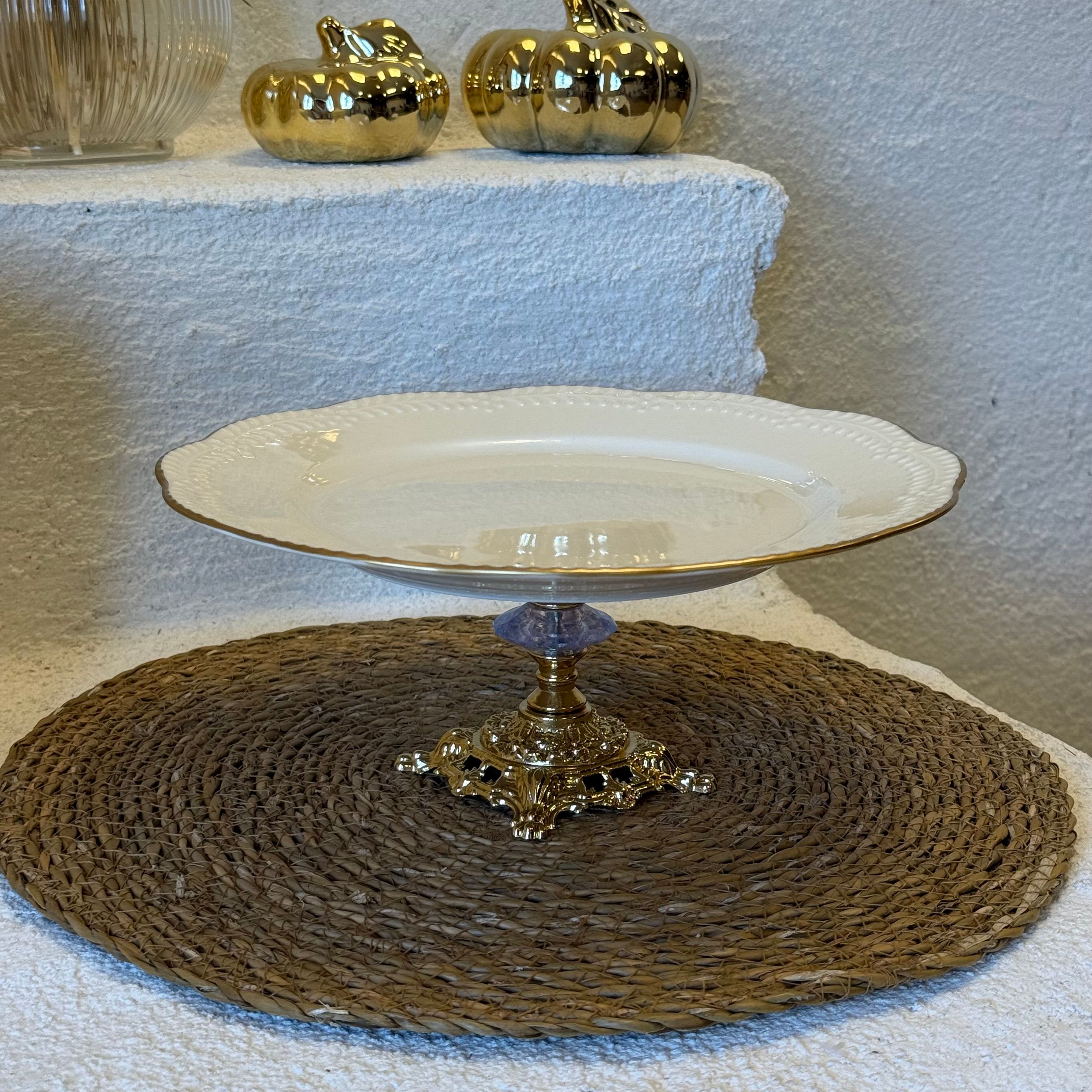 Lüks Porselen Gold Ayaklı Yuvarlak Sunumluk 26x26x11 cm (3730)