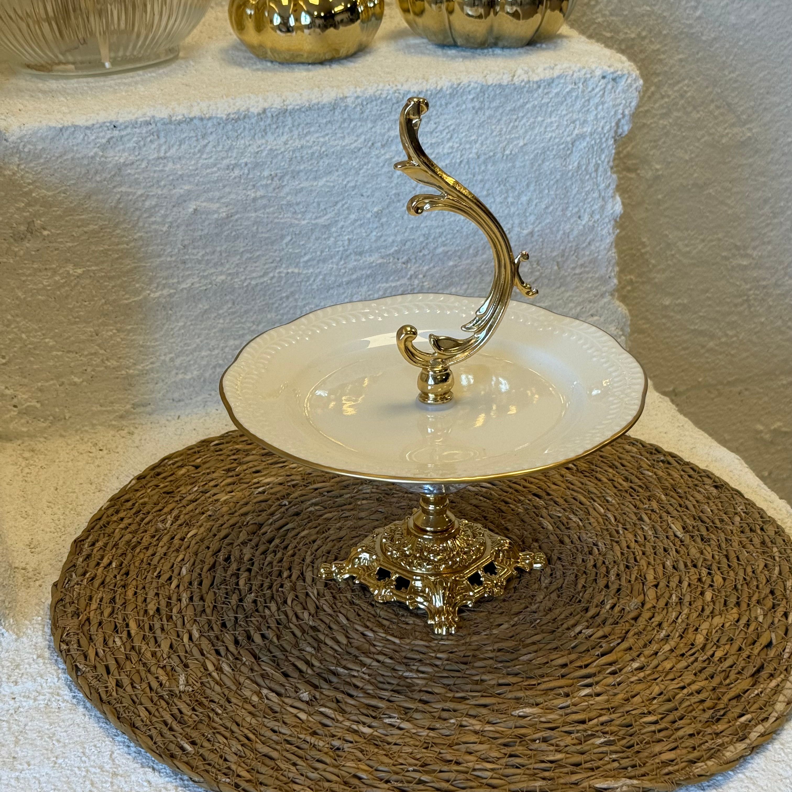 Lüks Tutmalı Gold Ayaklı Porselen Sunumluk 19x19x24 cm (3732)