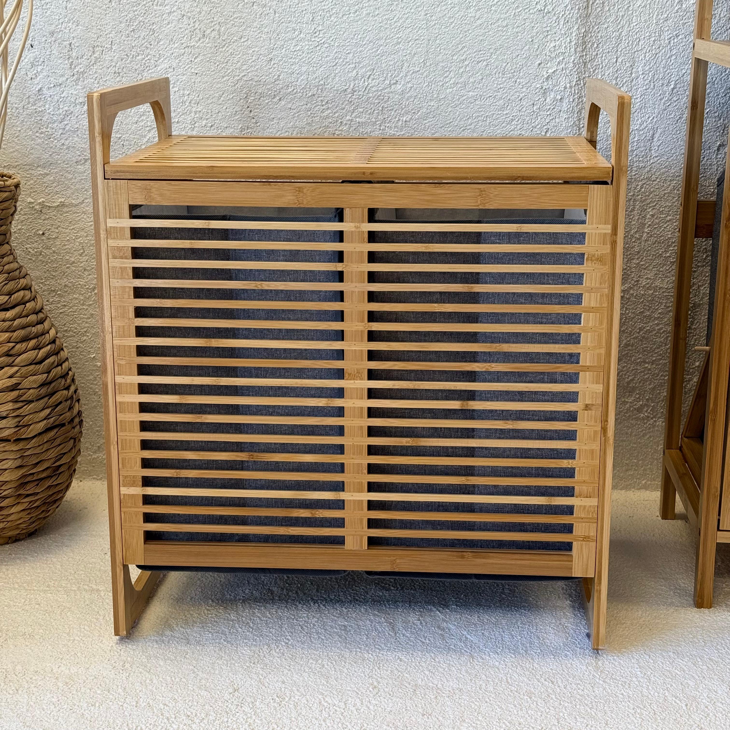Powder 2 Bölmeli Bambu Kapaklı Kirli Çamaşır Sepeti 61x54,5x35 cm Gri 