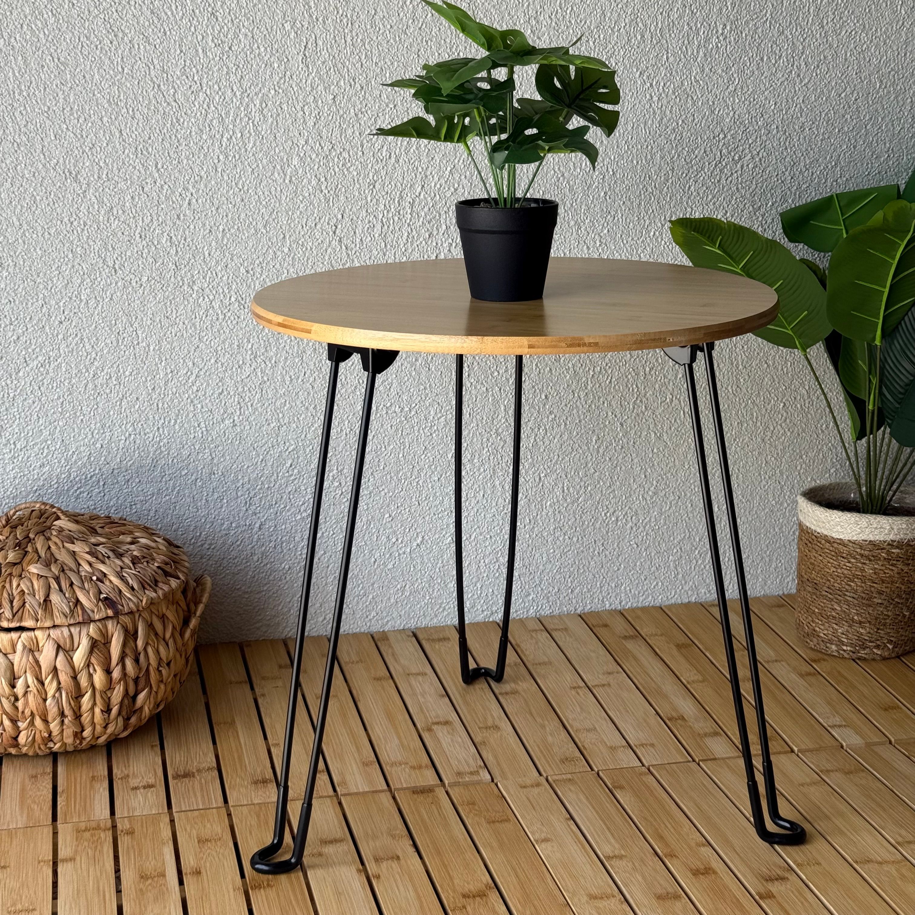 Morena Yuvarlak Metal Ayaklı Katlanır Bambu Sehpa 45x45x46 CM 