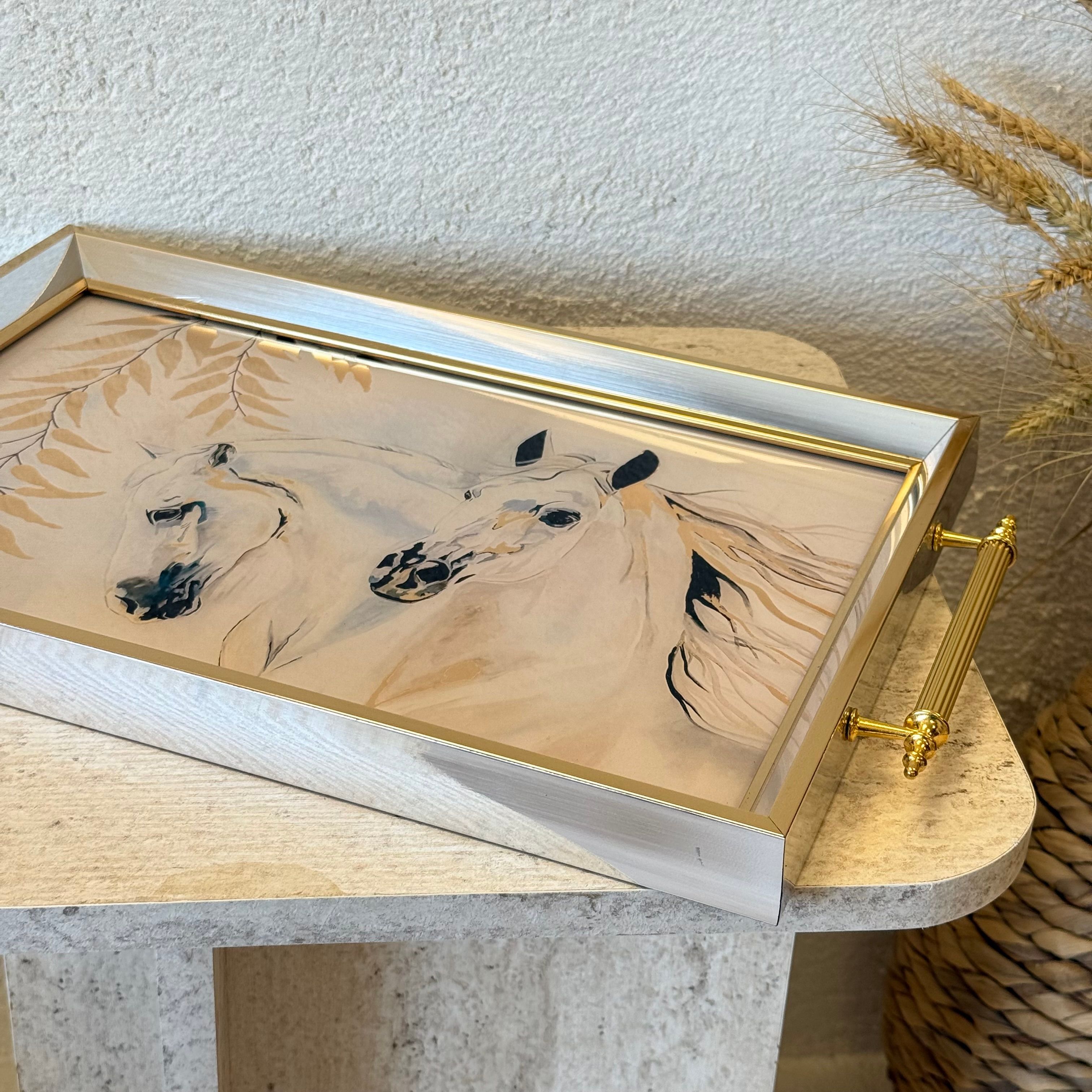 Horse Büyük Boy Lüks Gold Detaylı Tepsi Beyaz 48x29 cm 