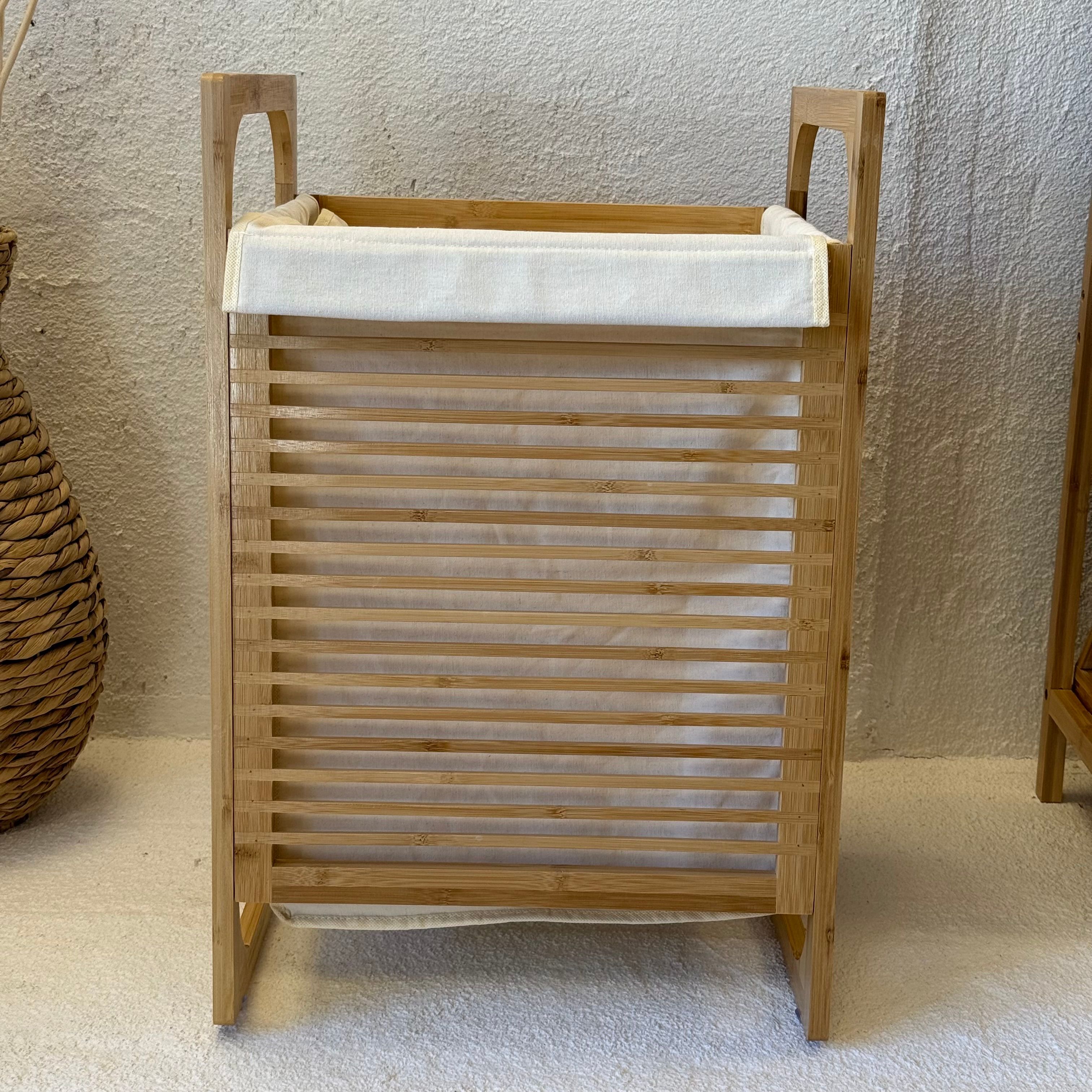  Rita Model 2 Bambu Kirli Çamaşır Sepeti Kapaklı 61x40x35 cm (SÜPER+SÜPER FİYAT) Krem 