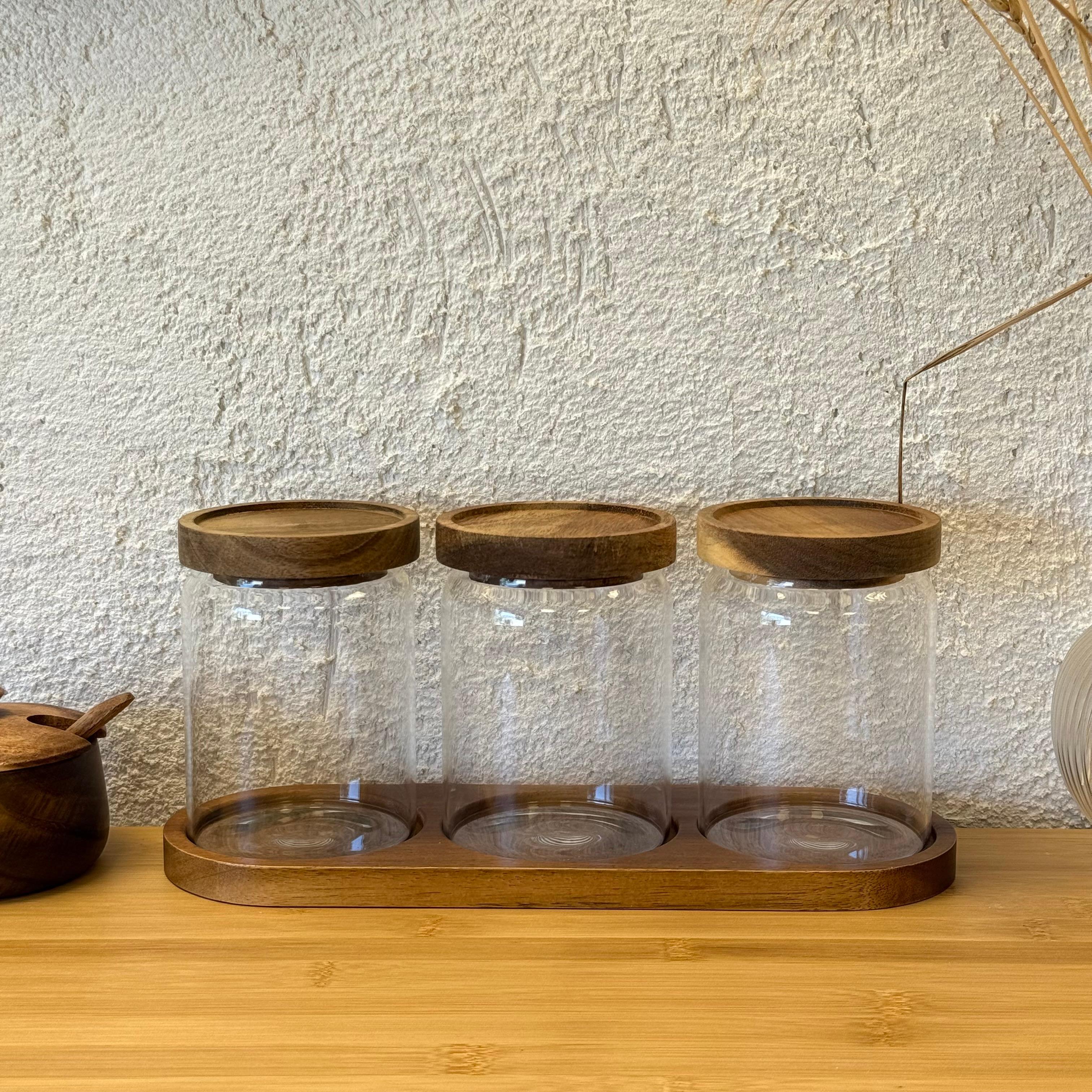 İzy Akasya Ağcı Kapaklı Standlı Kavanoz Seti 600 ml 