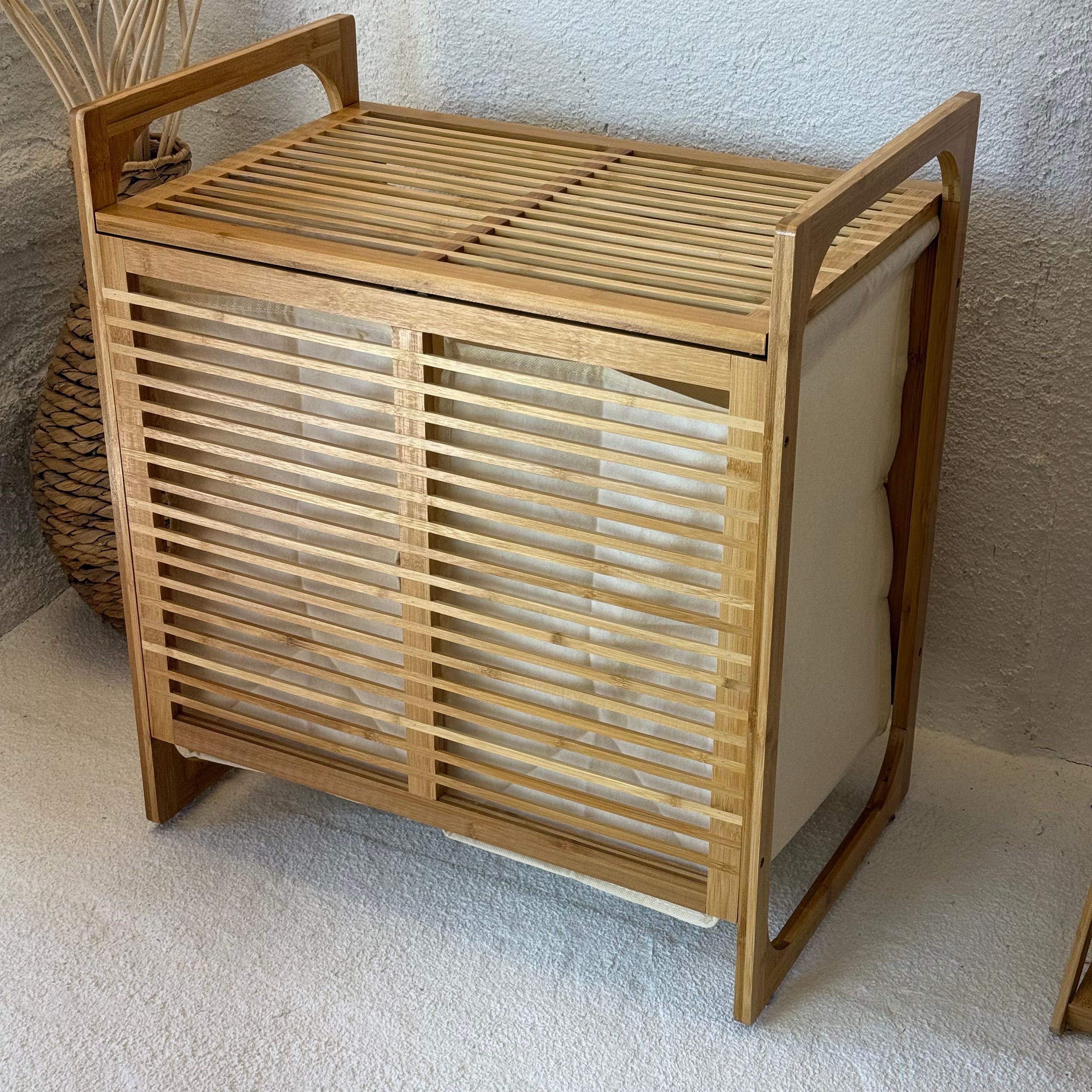 Powder 2 Bölmeli Bambu Kapaklı Kirli Çamaşır Sepeti 61x54,5x35 cm Krem 