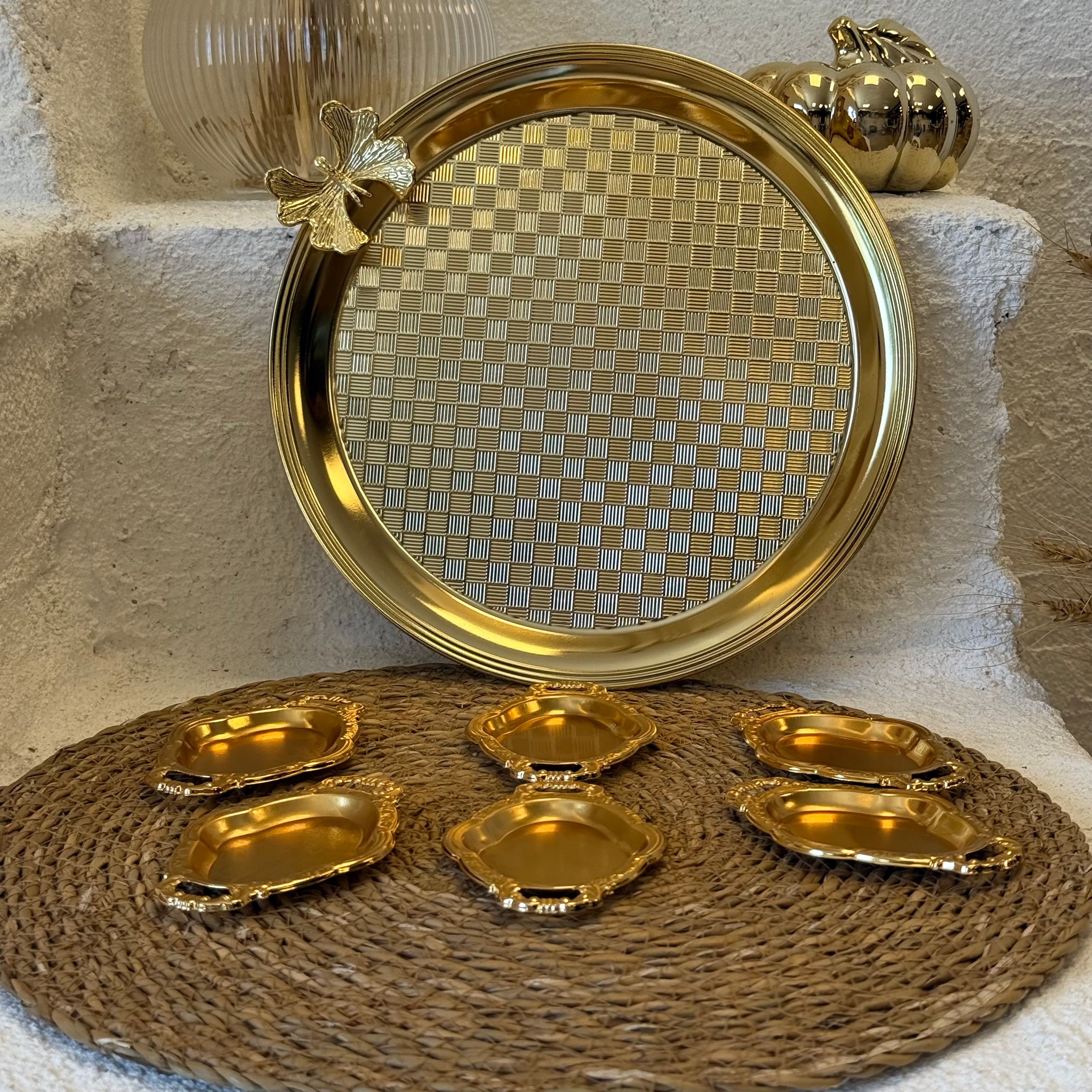Cooker Kelebekli Yuvarlak Tepsi Alana, 6 Adet Oval Mini Sunumluk Hediye Gold 