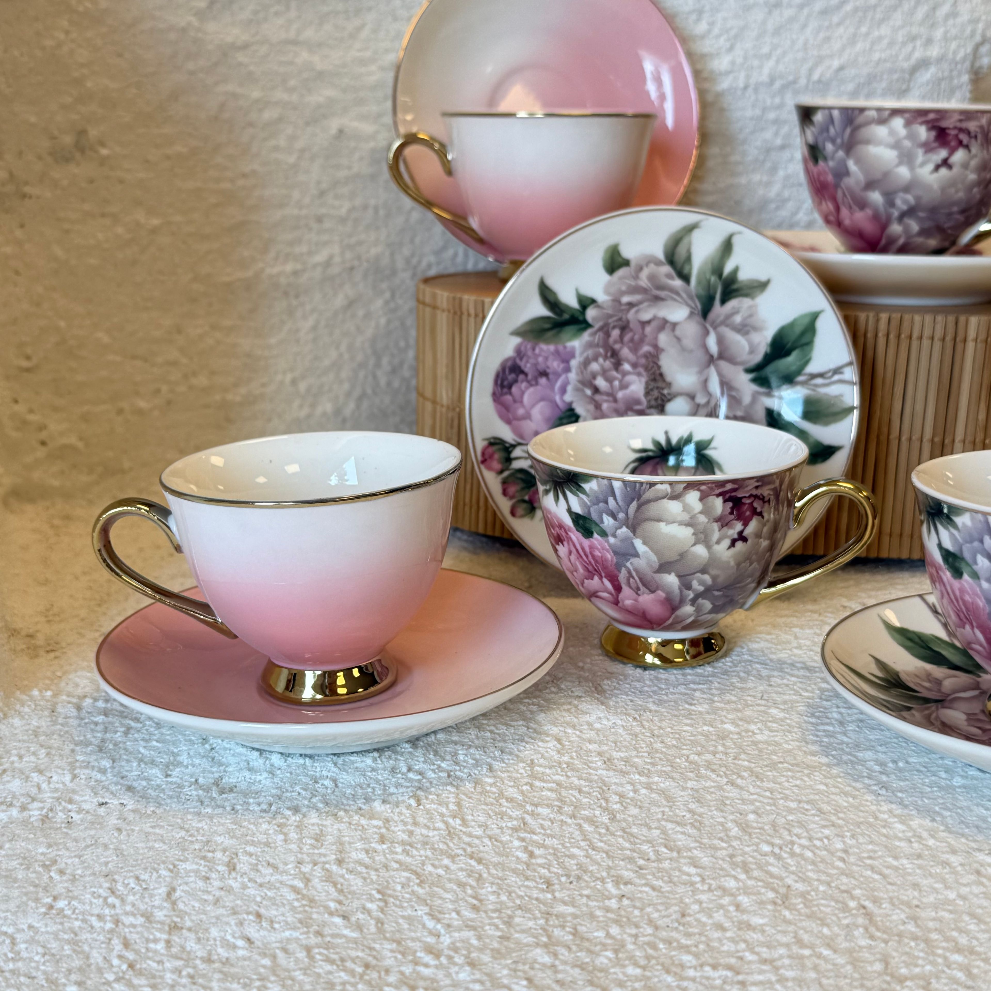 Garden Çiçekli Porselen Kahve Fincan Takımı 6 Kişilik Pembe 
