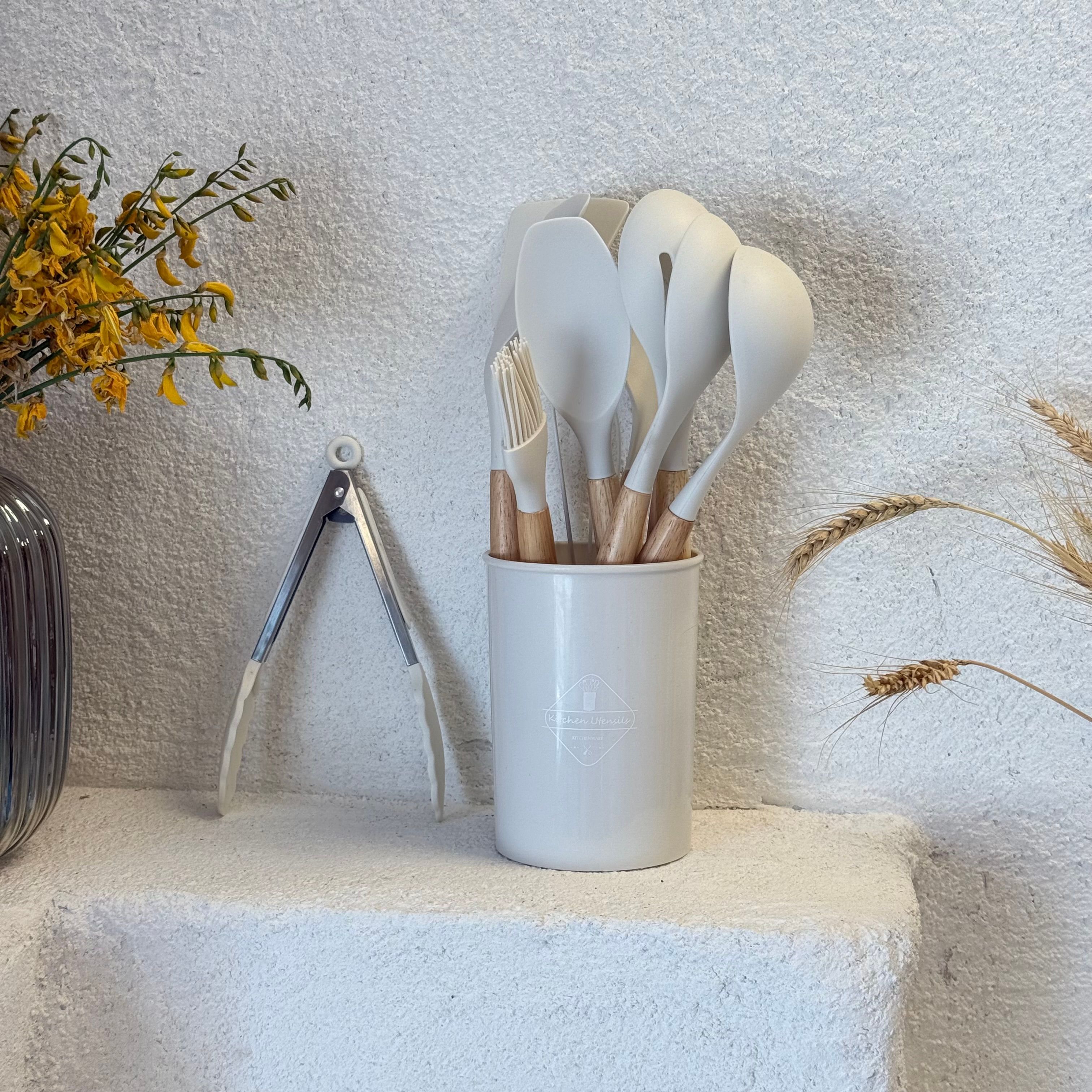 Kitchen 12 Parça Silikon Bambu Kaşık Seti Bej 
