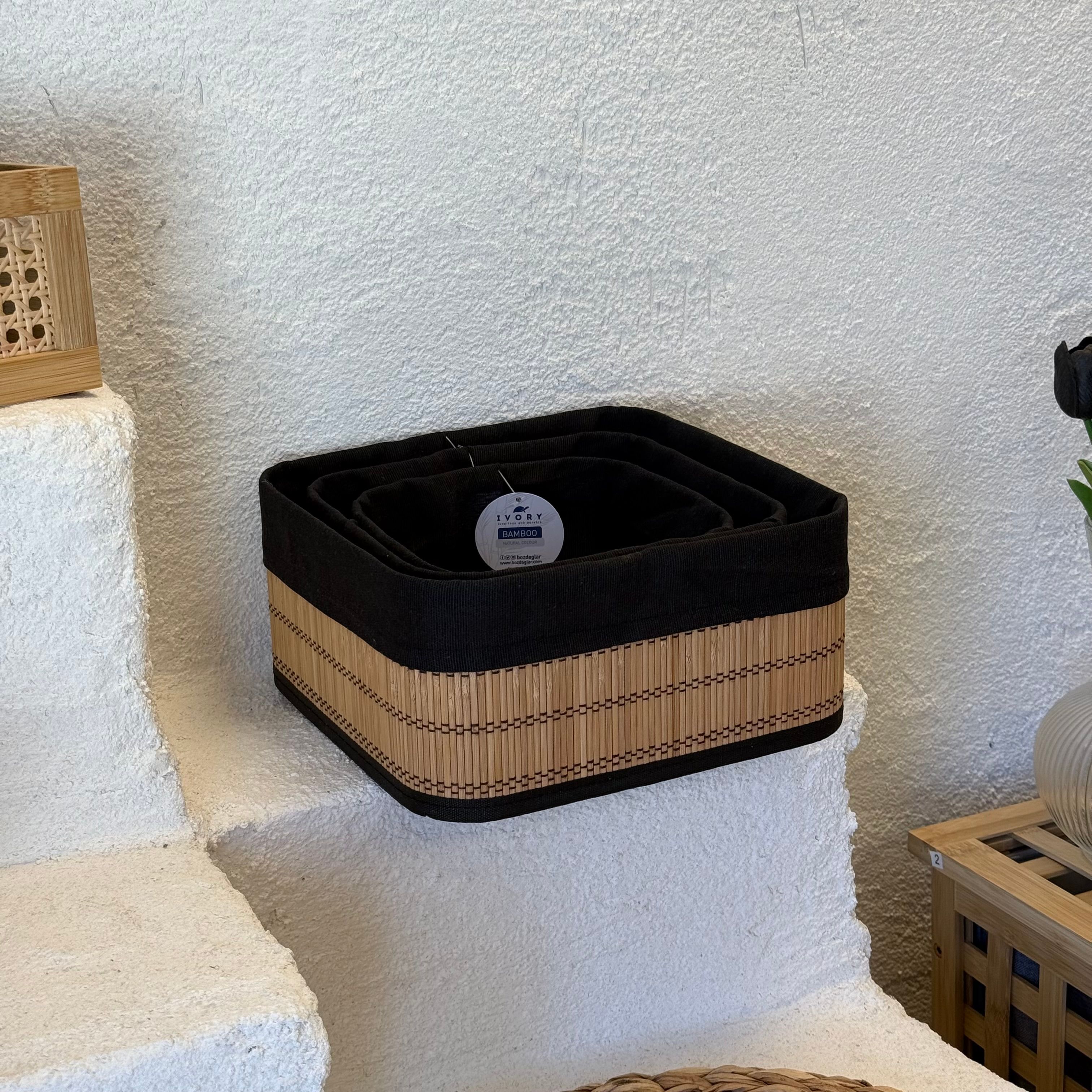 İvory Kare Siyah Astarlı Bambu Kare 3 Boy Organizer Seti 
