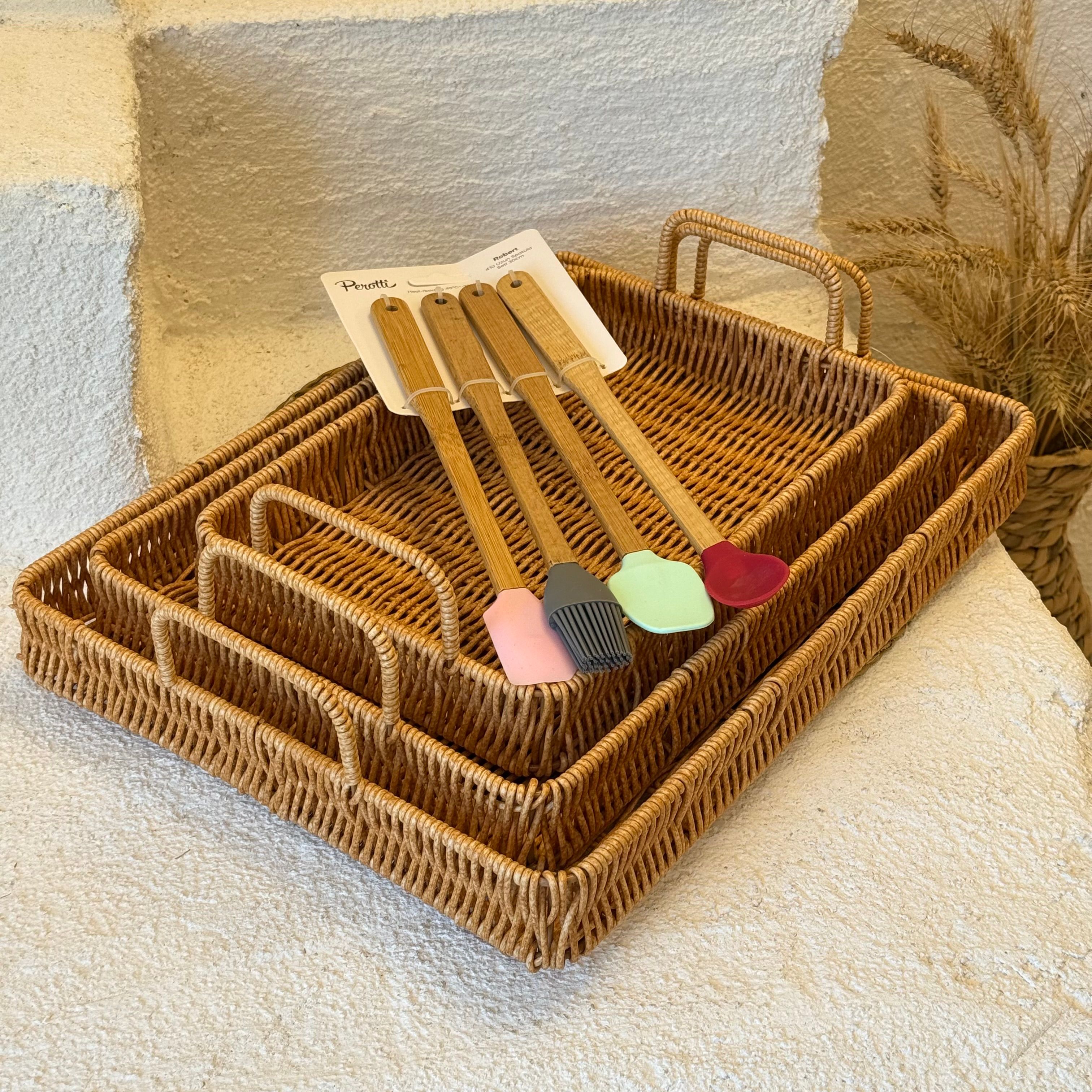 Rattan 3 Boy Tepsi Alana Bambu-Silikon Kaşık Seti Hediye 