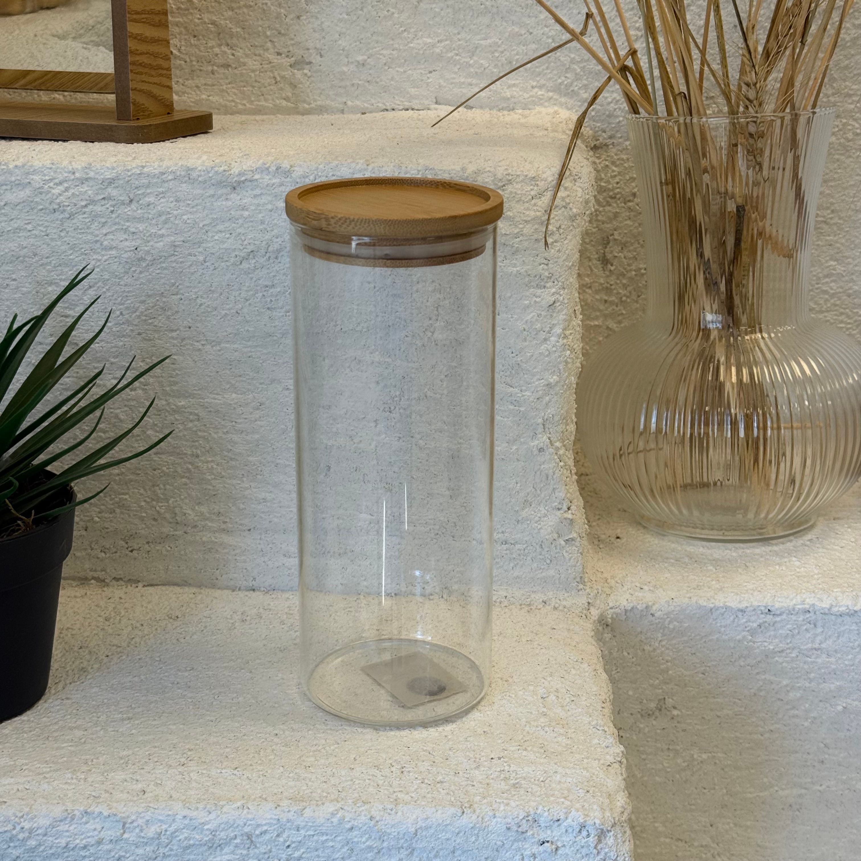 Yuvarlak Bambu Kapaklı Cam Kavanoz 20,5x8,5x8,5 cm 