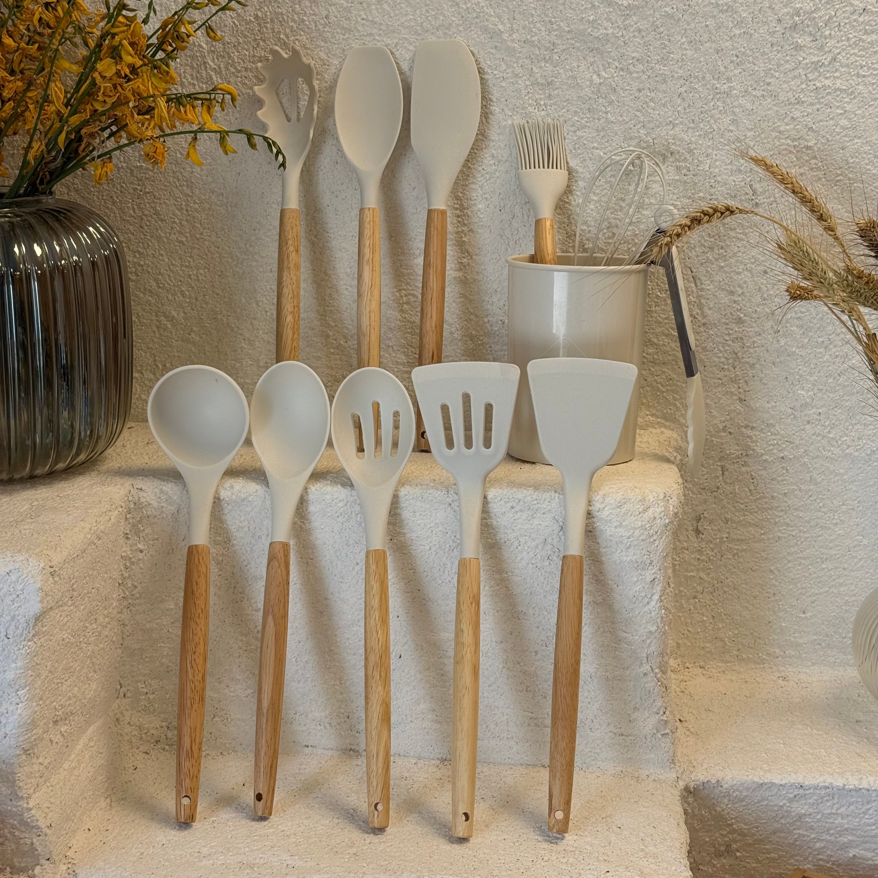 Kitchen 12 Parça Silikon Bambu Kaşık Seti Bej 
